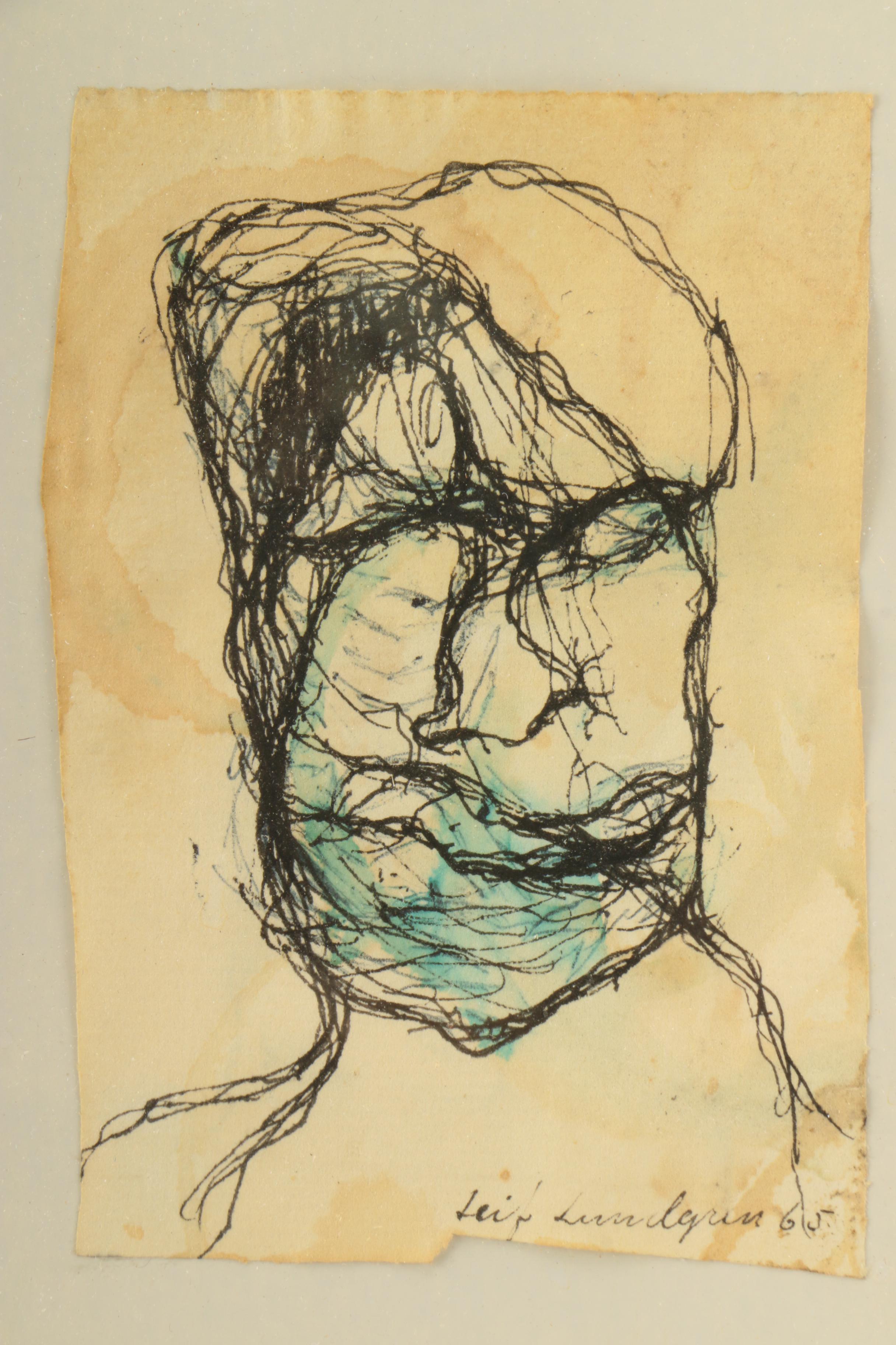 Ink and Watercolor Drawing of Face