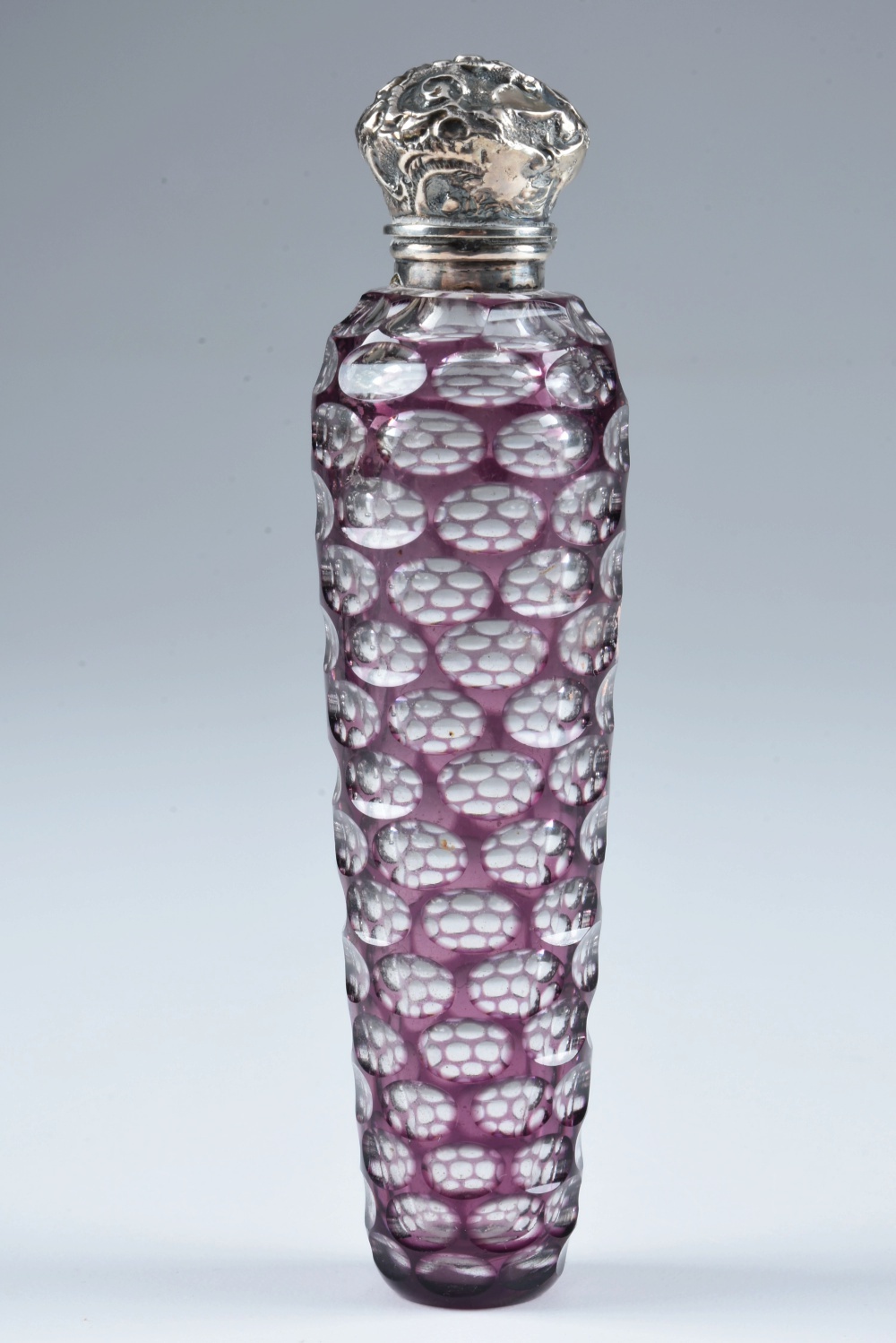 Circa 1880 Purple Overlay Tapered Scent Bottle with Silver Cap