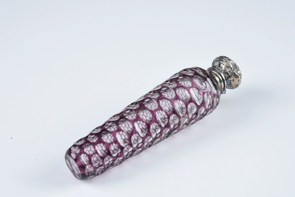 Circa 1880 Purple Overlay Tapered Scent Bottle with Silver Cap