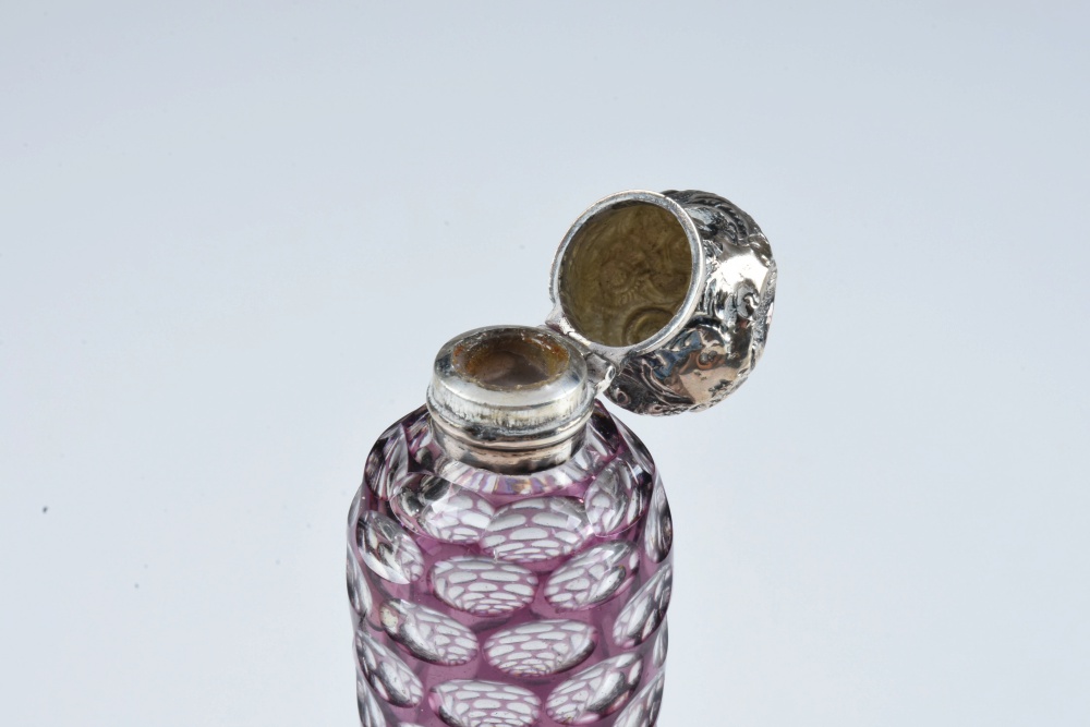 Circa 1880 Purple Overlay Tapered Scent Bottle with Silver Cap