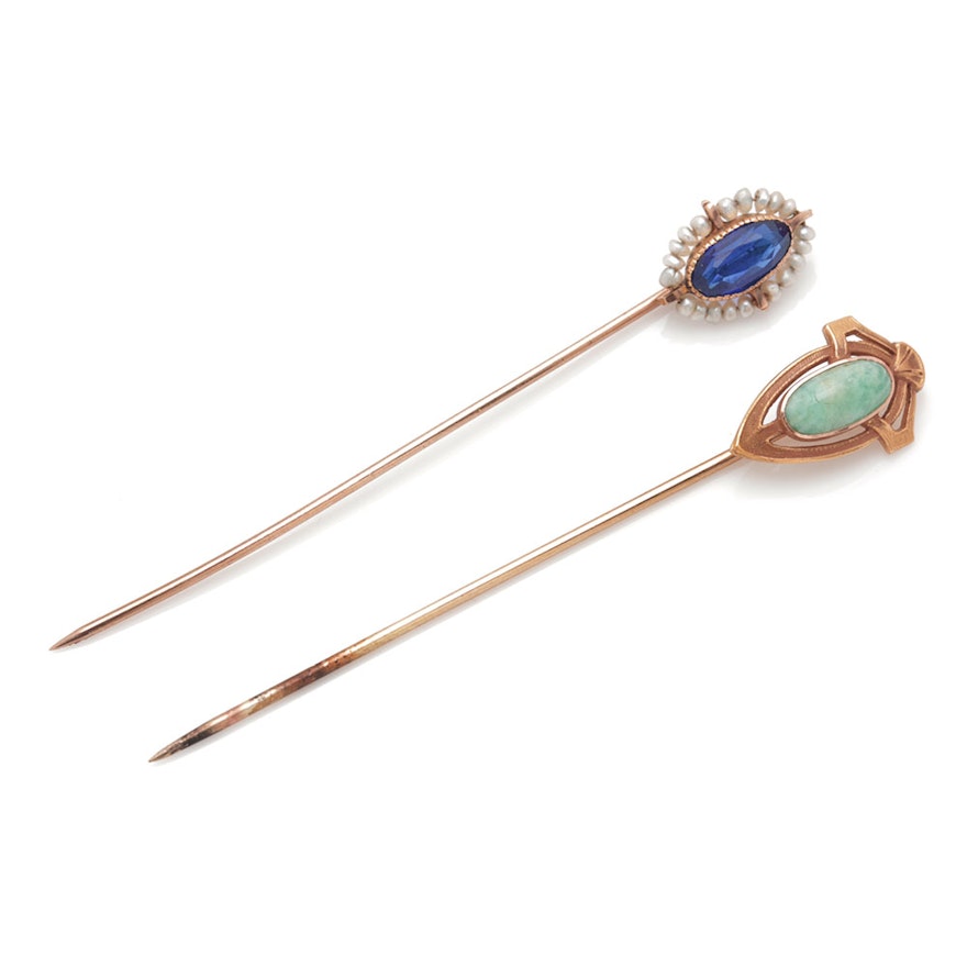 Pair of Vintage 14K & 10K Yellow Gold Stick Pins with Assorted Gemstones