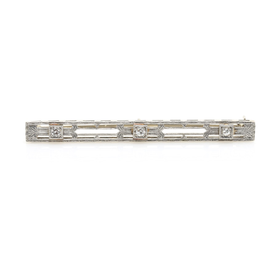 Edwardian Style 14K White Gold and Platinum Diamond Bar Pin