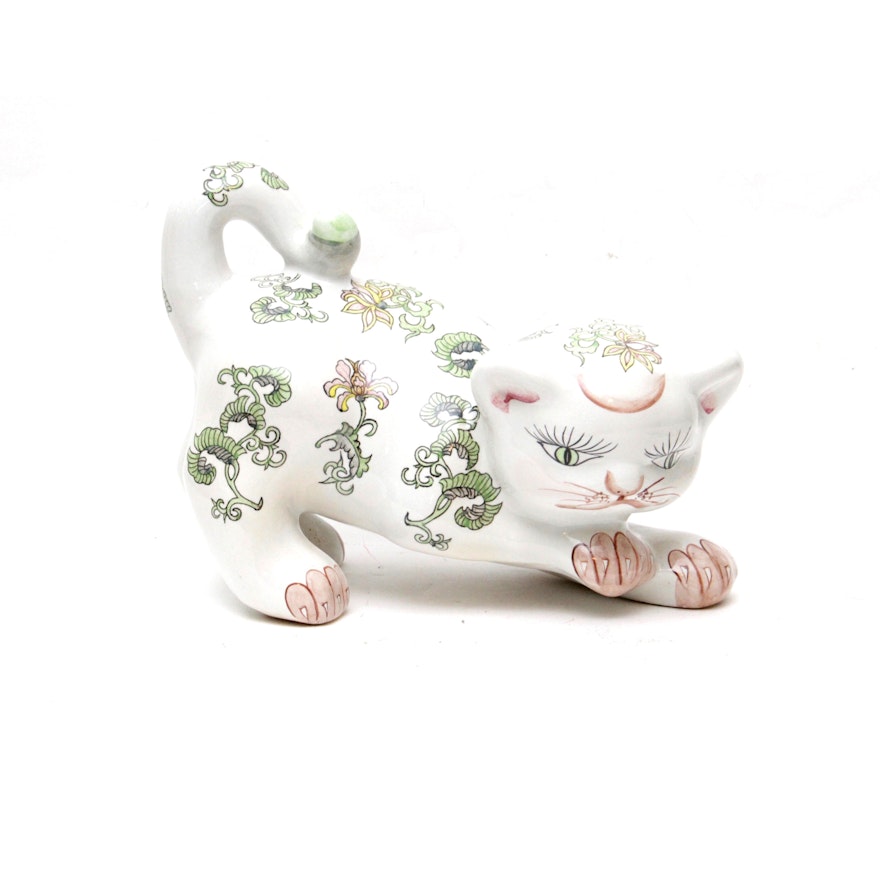 Vintage Ceramic Japanese Cat with Floral Motif
