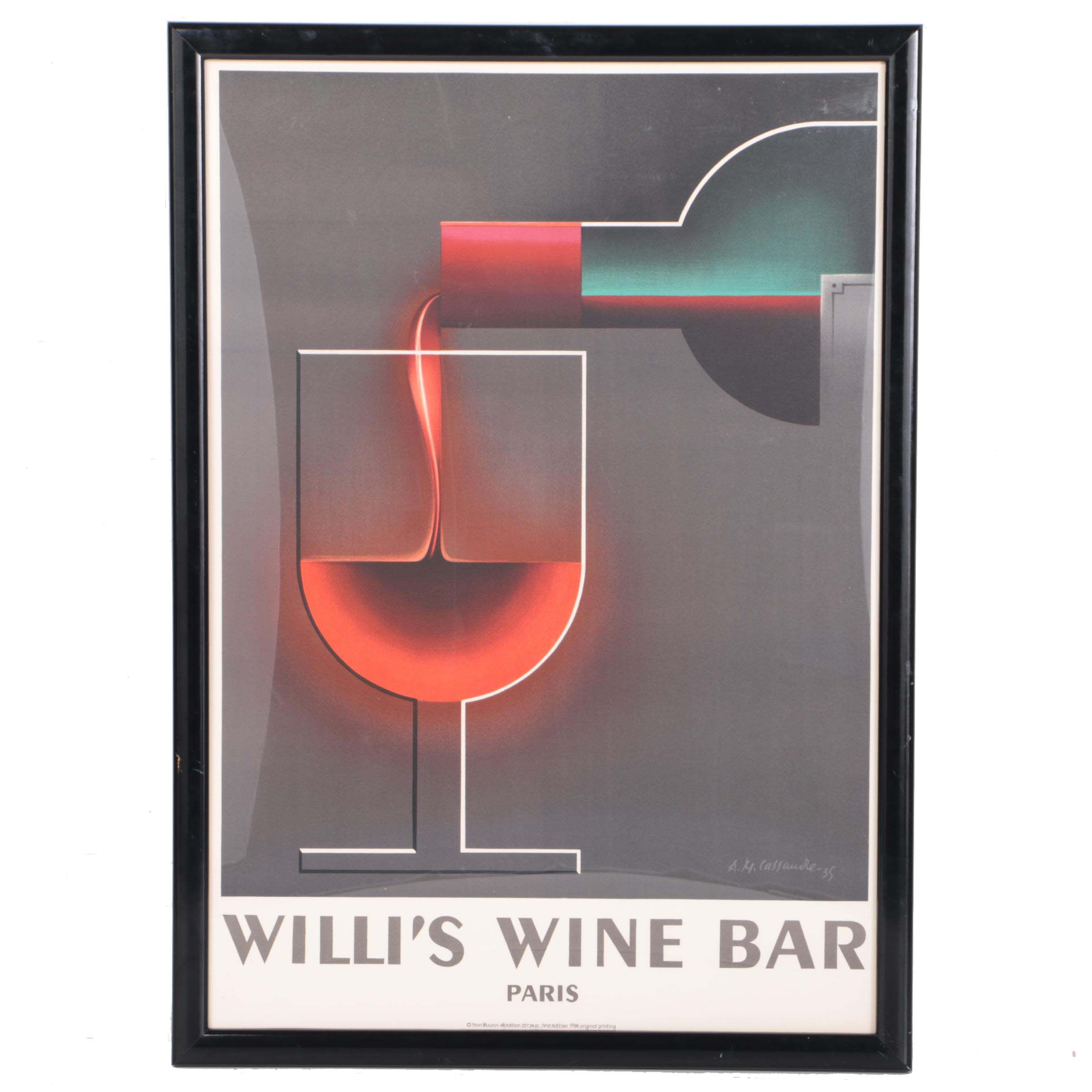 Chromolithograph Poster Featuring A.M. Cassandre "Willi's Wine Bar"