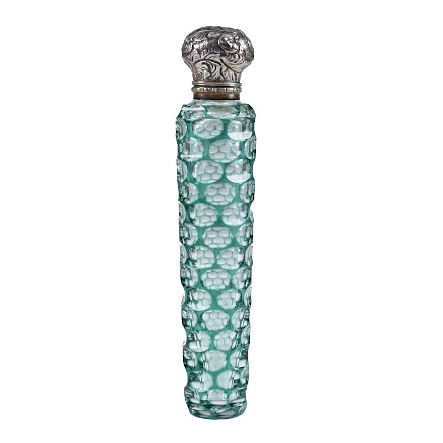 Circa 1880 Green Cut to Clear Glass Scent Bottle with Silver Cap