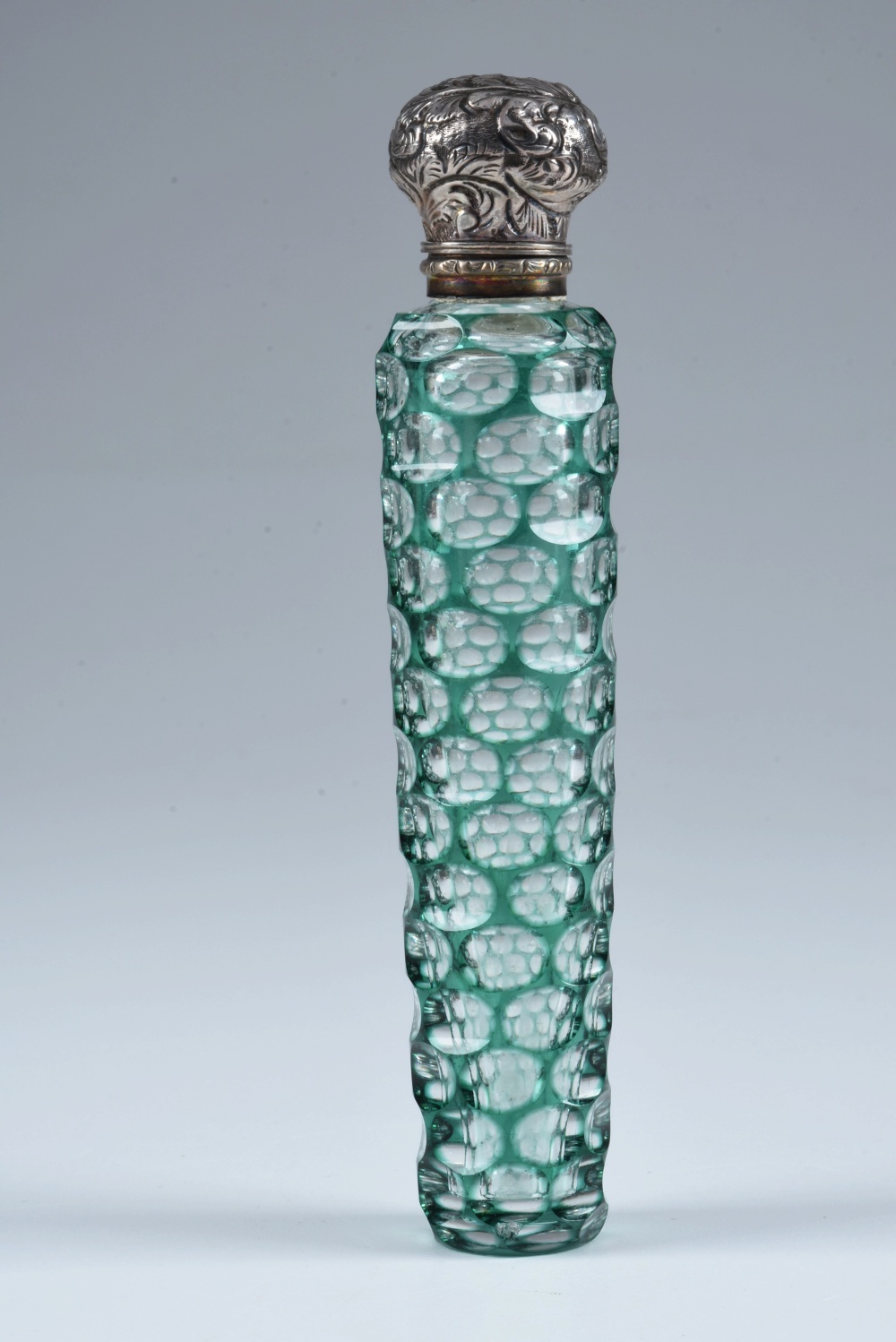 Circa 1880 Green Cut to Clear Glass Scent Bottle with Silver Cap