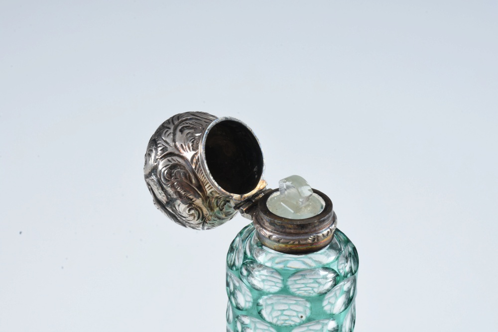 Circa 1880 Green Cut to Clear Glass Scent Bottle with Silver Cap