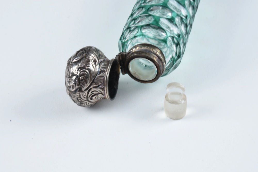 Circa 1880 Green Cut to Clear Glass Scent Bottle with Silver Cap