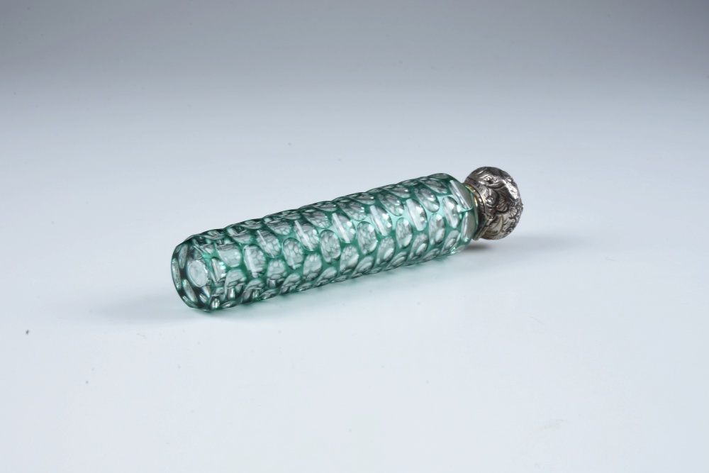 Circa 1880 Green Cut to Clear Glass Scent Bottle with Silver Cap