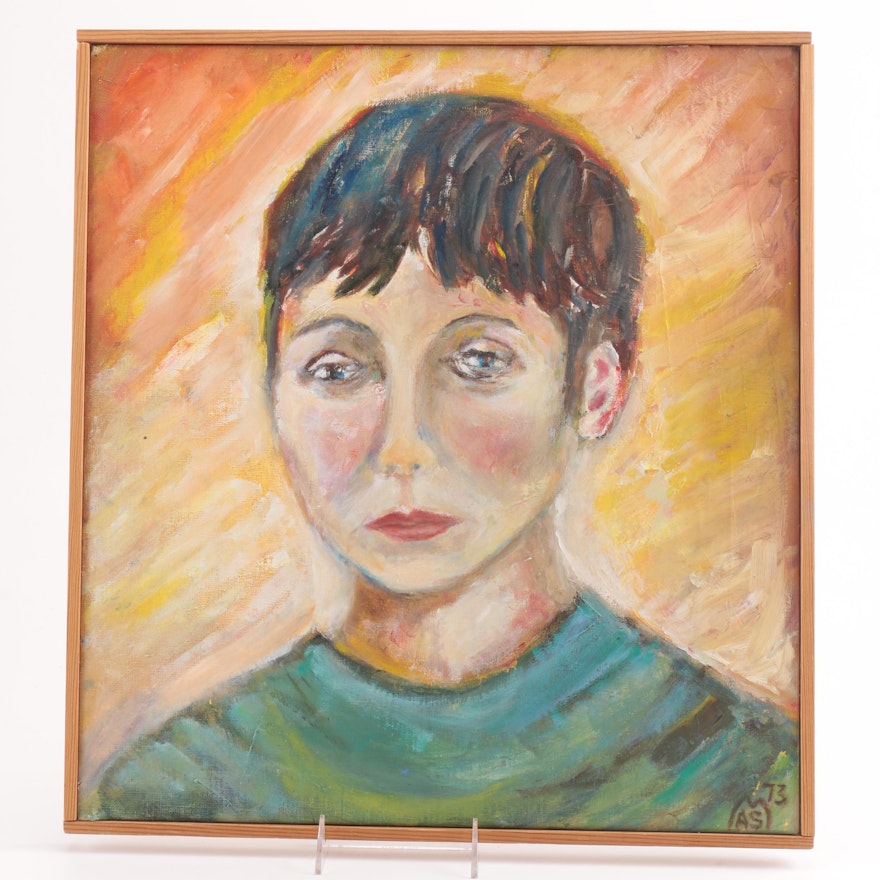 1973 Oil Portrait on Canvas of Melancholy Woman in Green