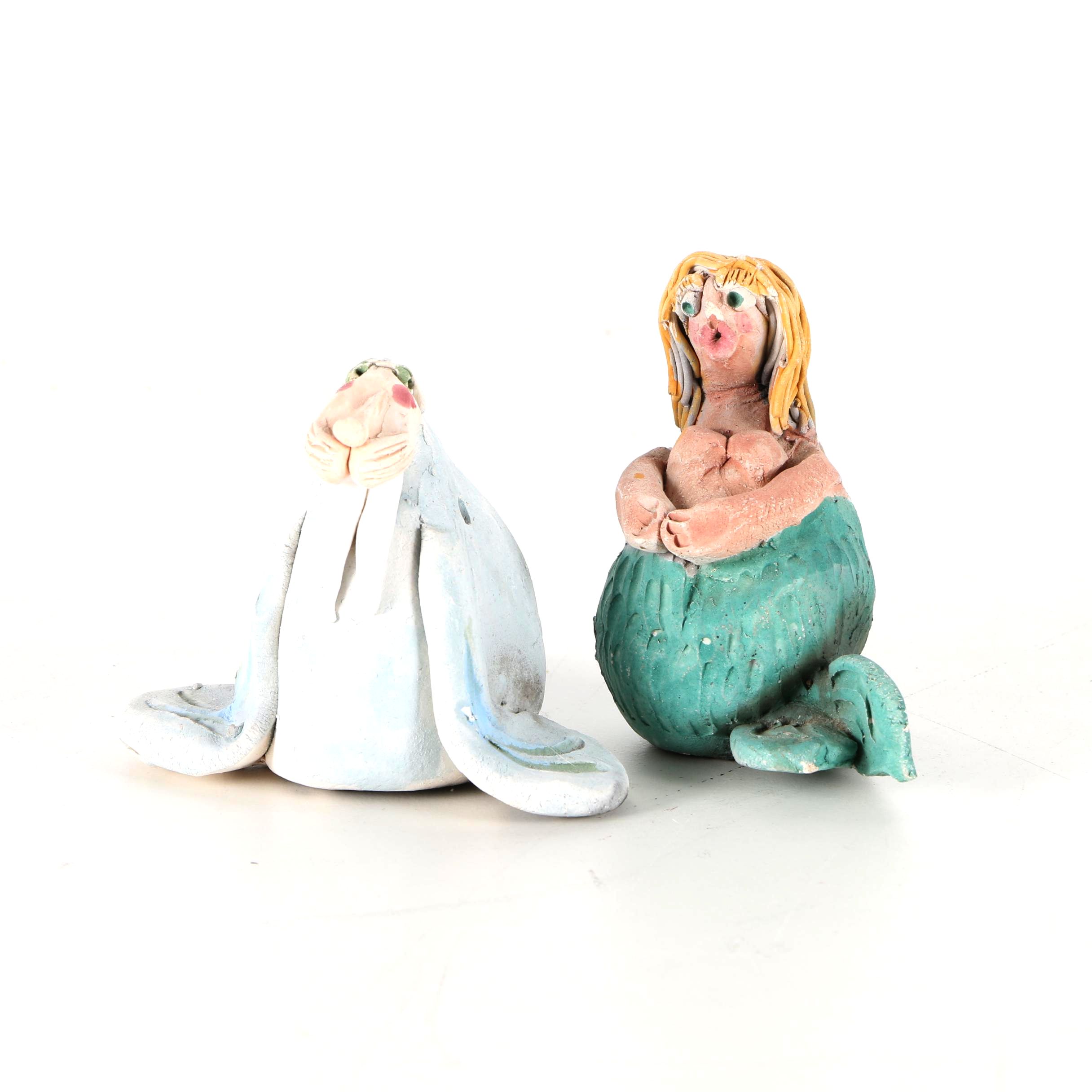 Chris Moses Pottery Figurines of a Mermaid and Walrus