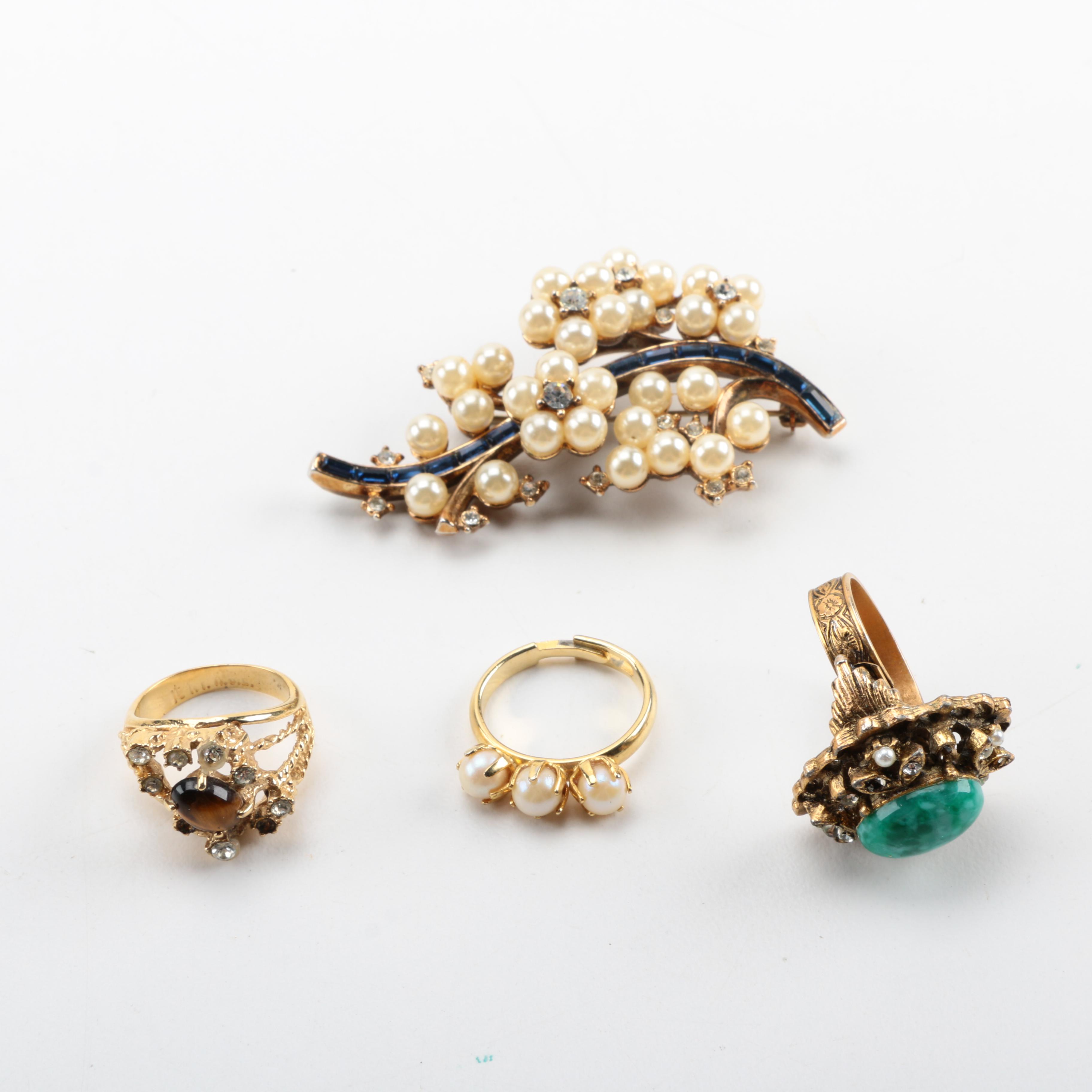 Vintage Trifari Brooch and Three Gold Tone Rings