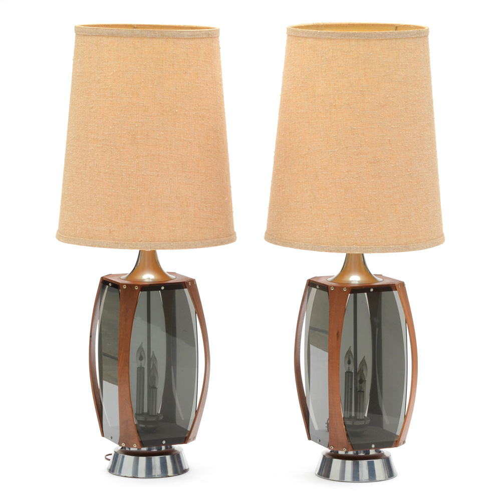 Mid Century Modern Walnut and Smoked Acrylic Paneled Lamps