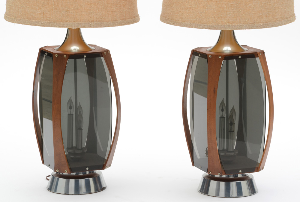 Mid Century Modern Walnut and Smoked Acrylic Paneled Lamps