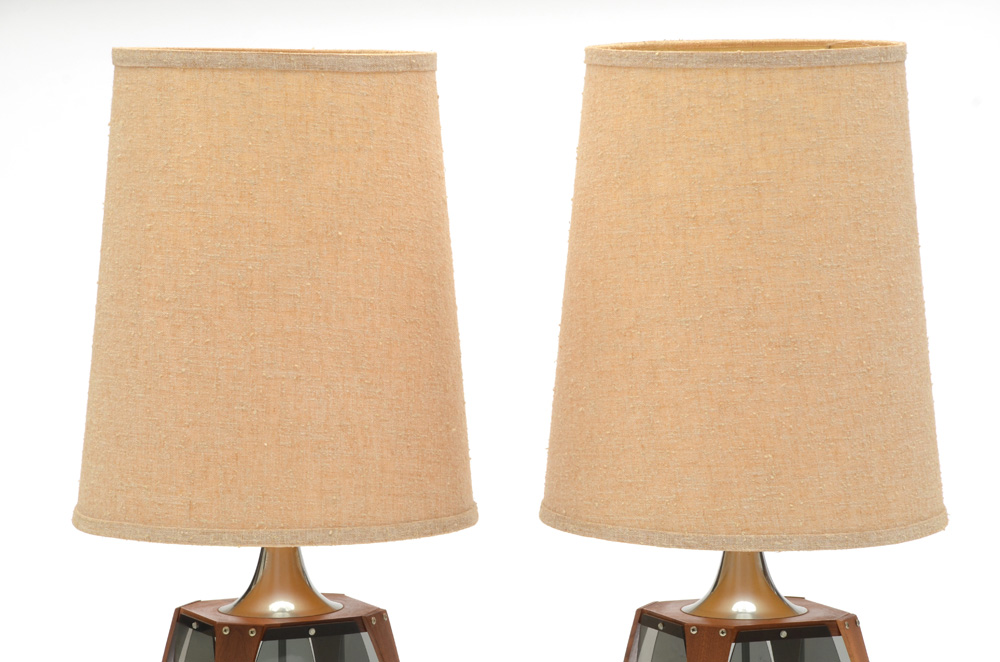 Mid Century Modern Walnut and Smoked Acrylic Paneled Lamps