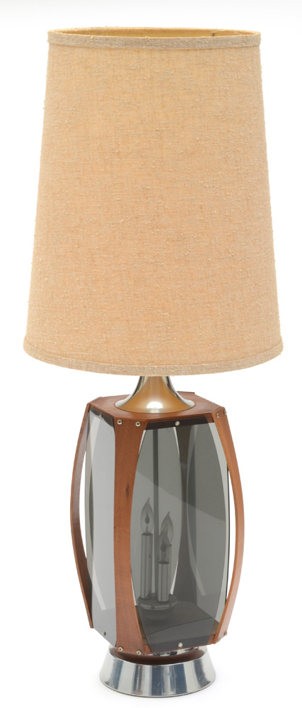 Mid Century Modern Walnut and Smoked Acrylic Paneled Lamps