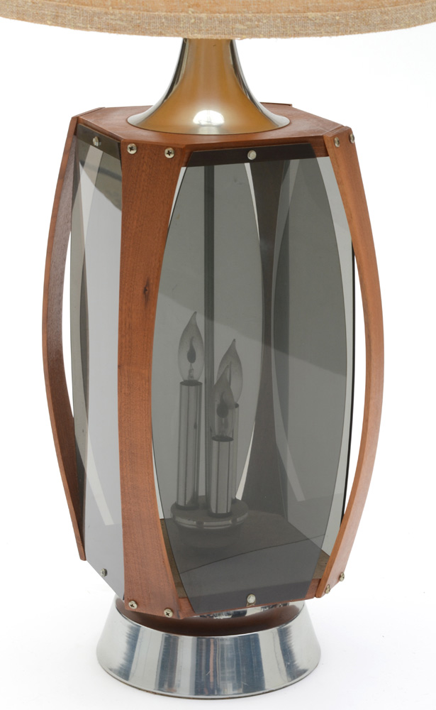 Mid Century Modern Walnut and Smoked Acrylic Paneled Lamps