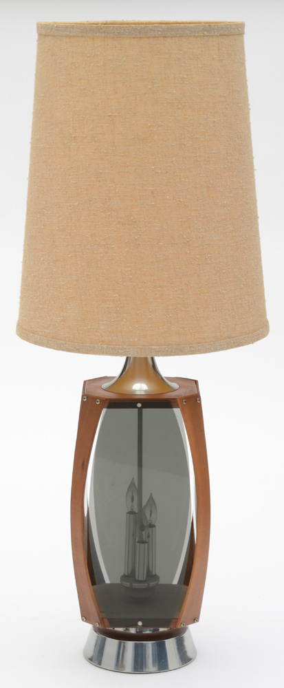 Mid Century Modern Walnut and Smoked Acrylic Paneled Lamps