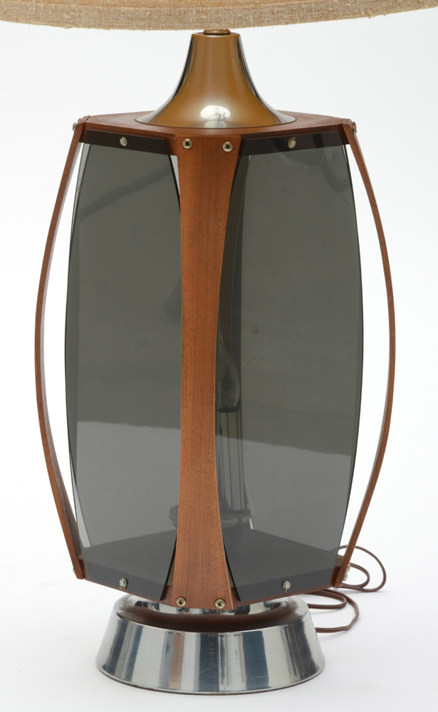 Mid Century Modern Walnut and Smoked Acrylic Paneled Lamps