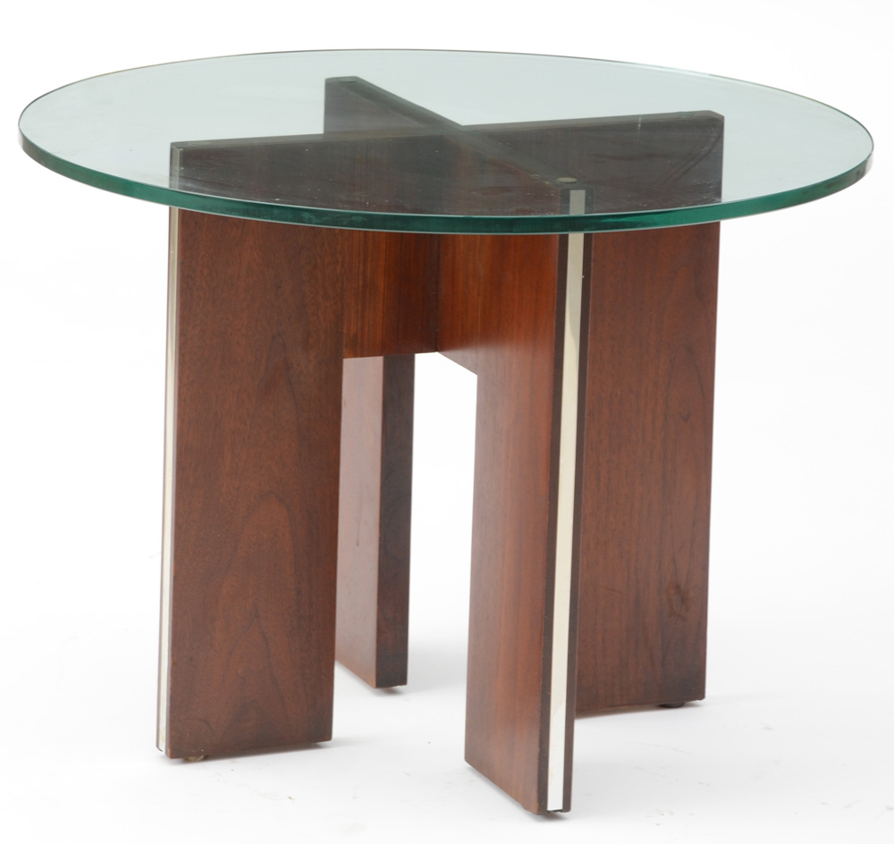 Modern Style Round Glass and Mahogany End Table