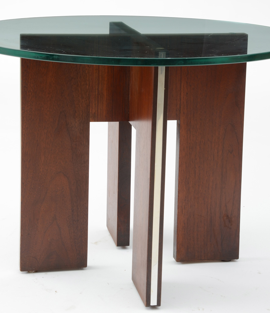 Modern Style Round Glass and Mahogany End Table