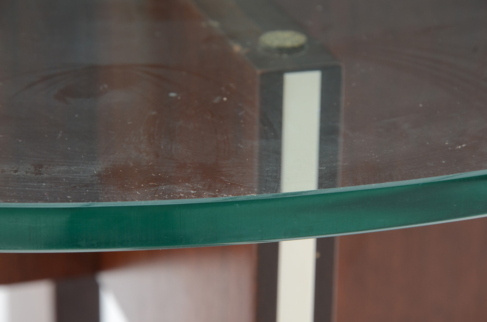 Modern Style Round Glass and Mahogany End Table