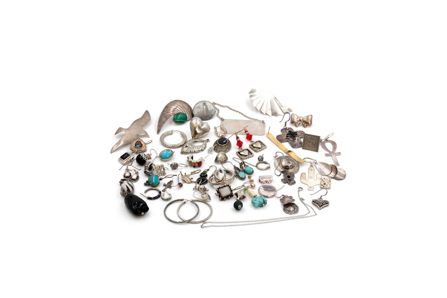 Sterling Silver Mismatched Earrings, Pins, and Pendants