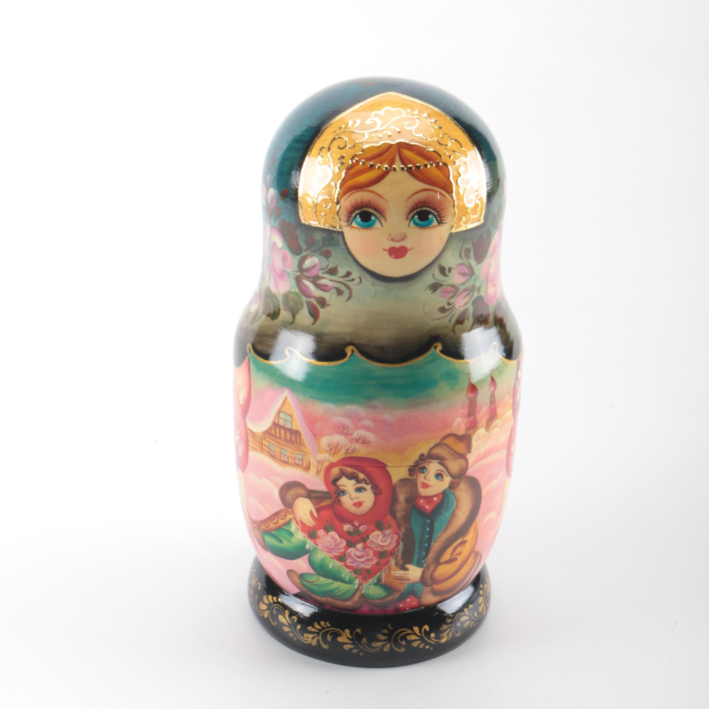Plastic Russian Nesting Doll With Winter Scenes