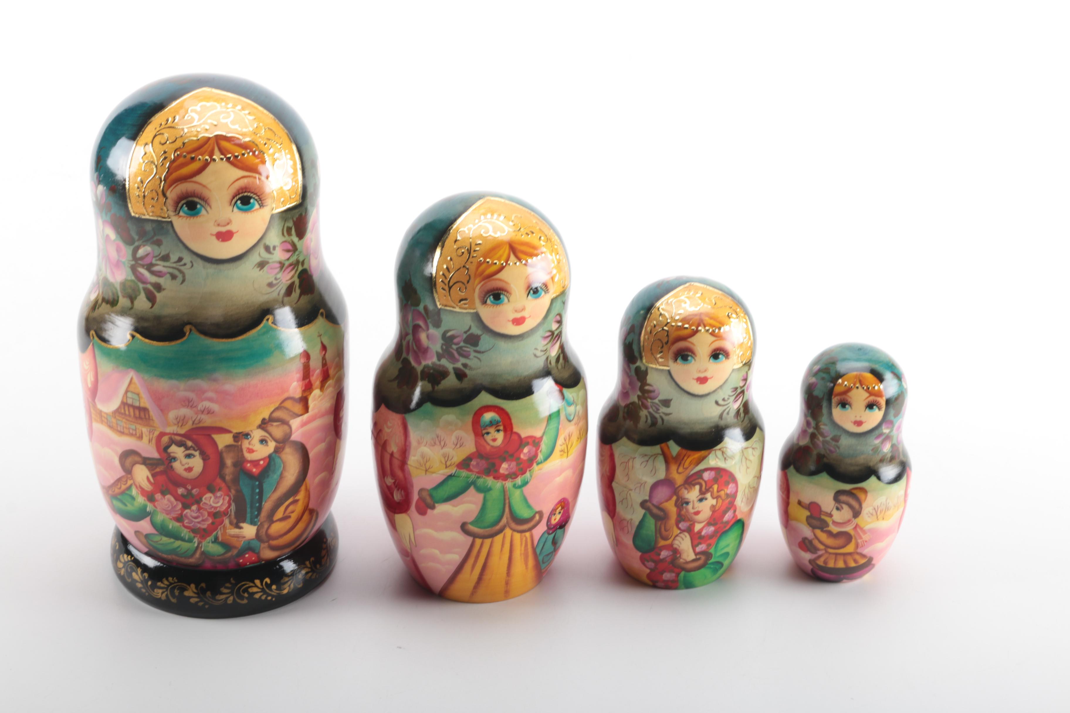 Plastic Russian Nesting Doll With Winter Scenes