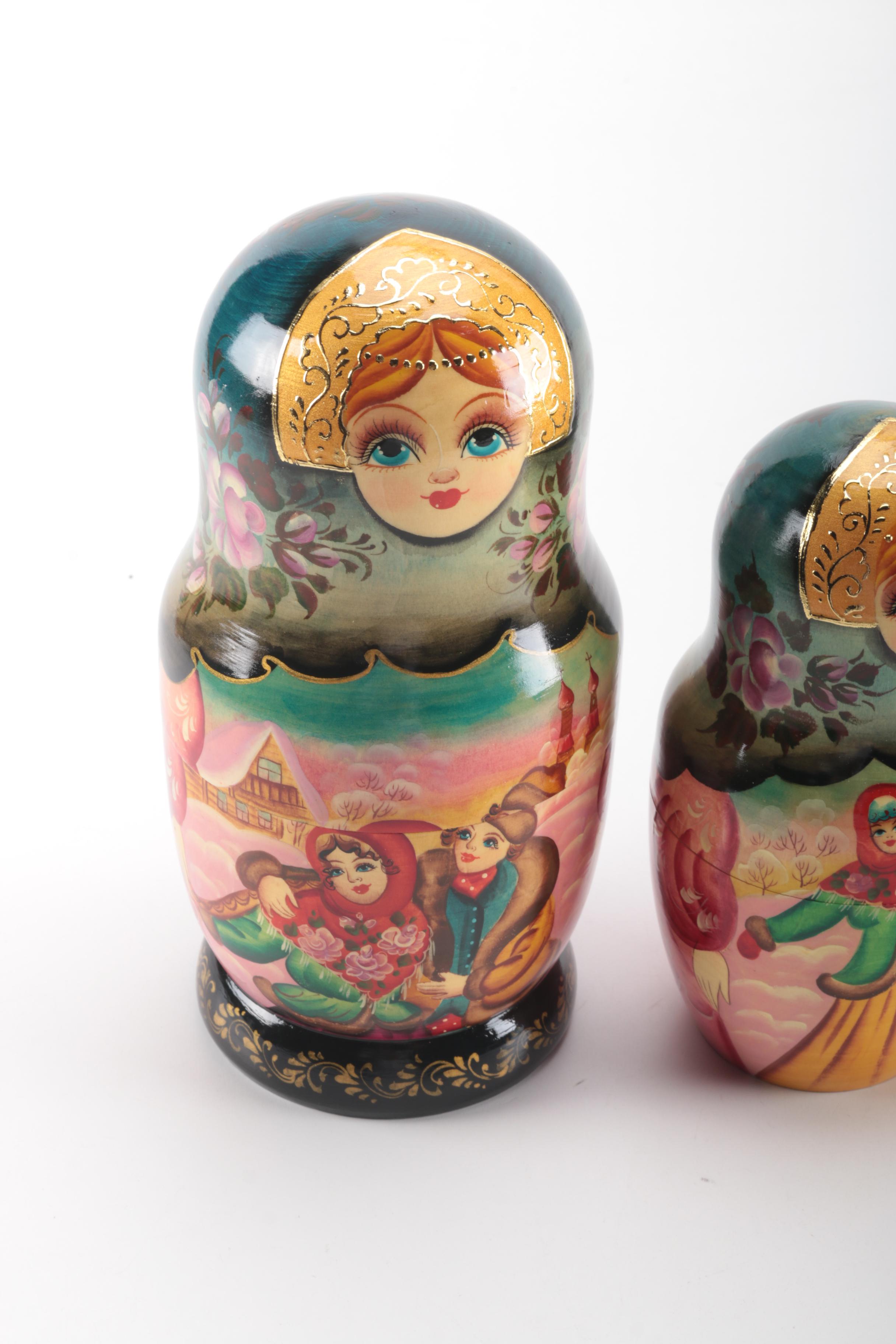 Plastic Russian Nesting Doll With Winter Scenes
