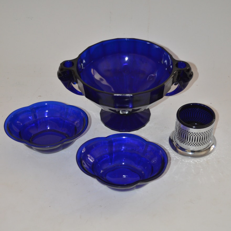 Cobalt Blue Glassware With Elephant Handle Console Bowl