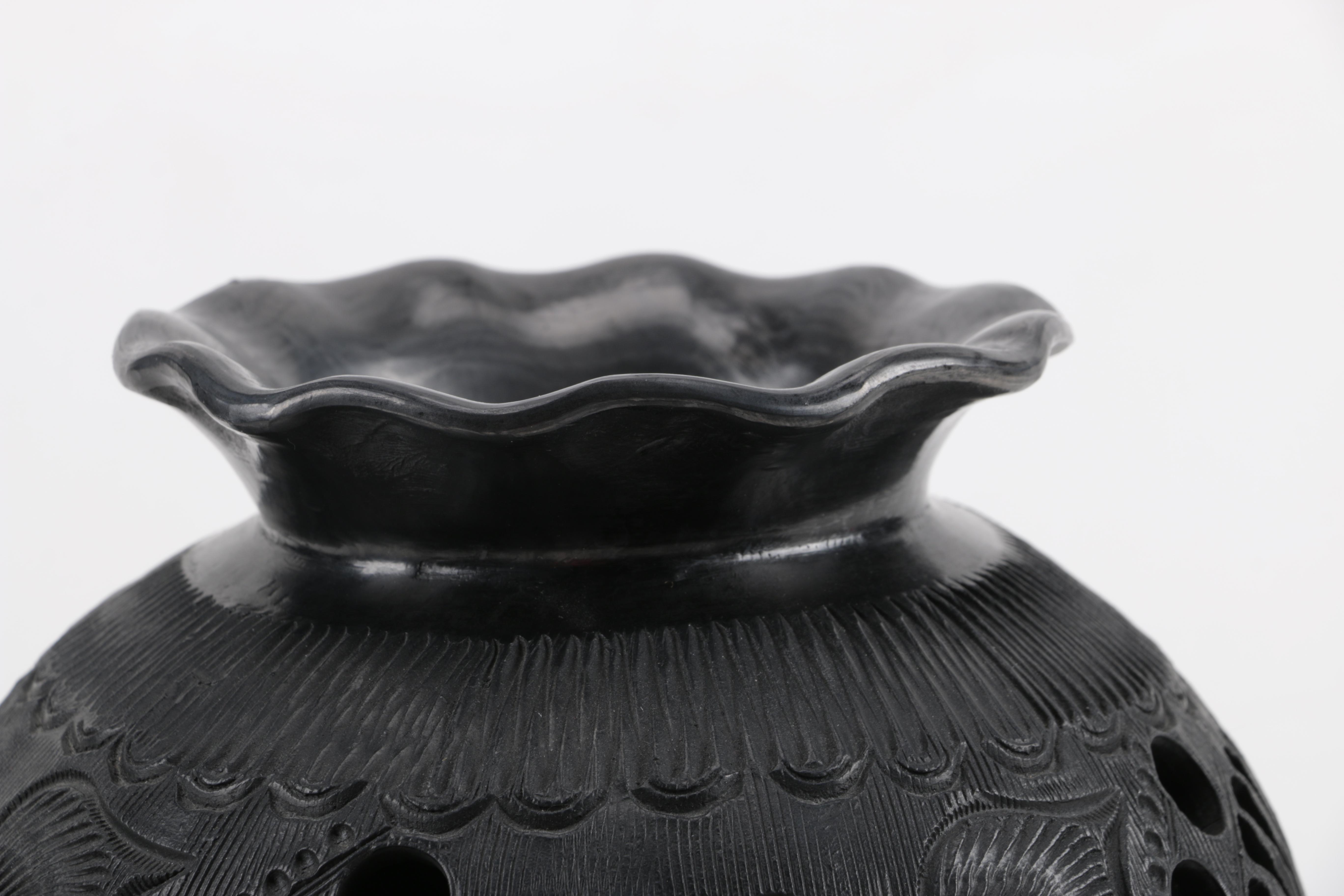 Pair of Black Oaxacan Mexican Carved Clay Vases