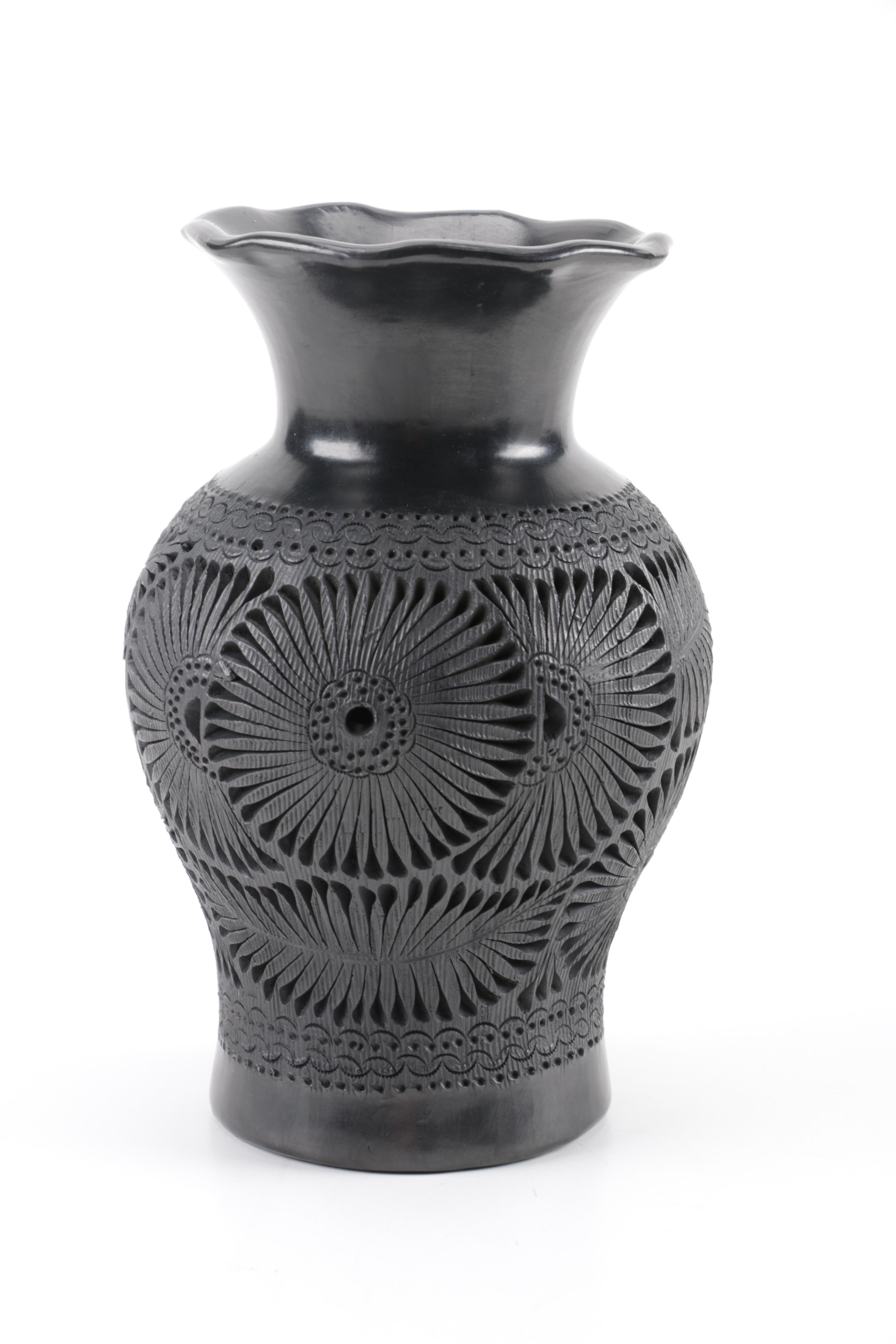 Pair of Black Oaxacan Mexican Carved Clay Vases