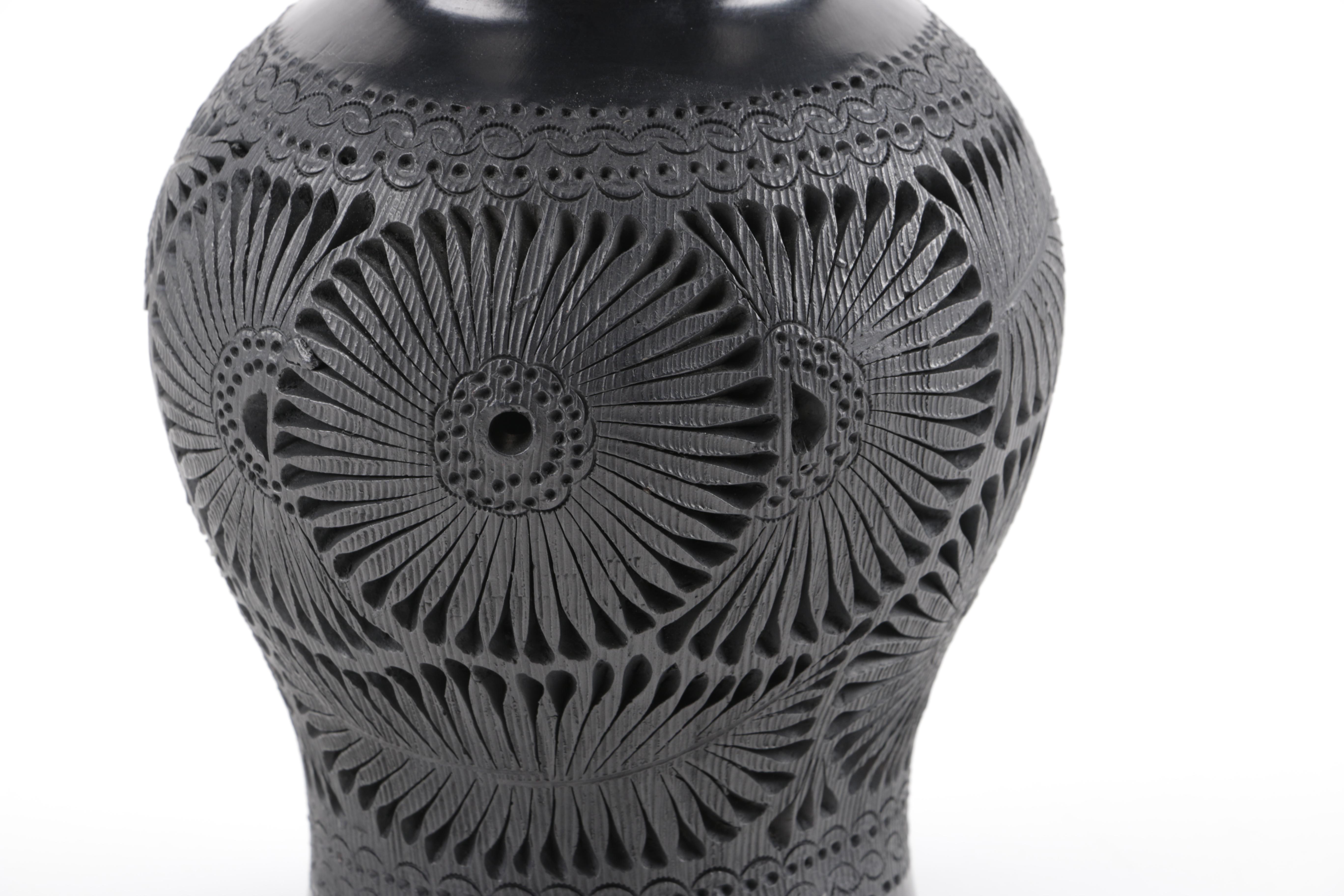 Pair of Black Oaxacan Mexican Carved Clay Vases