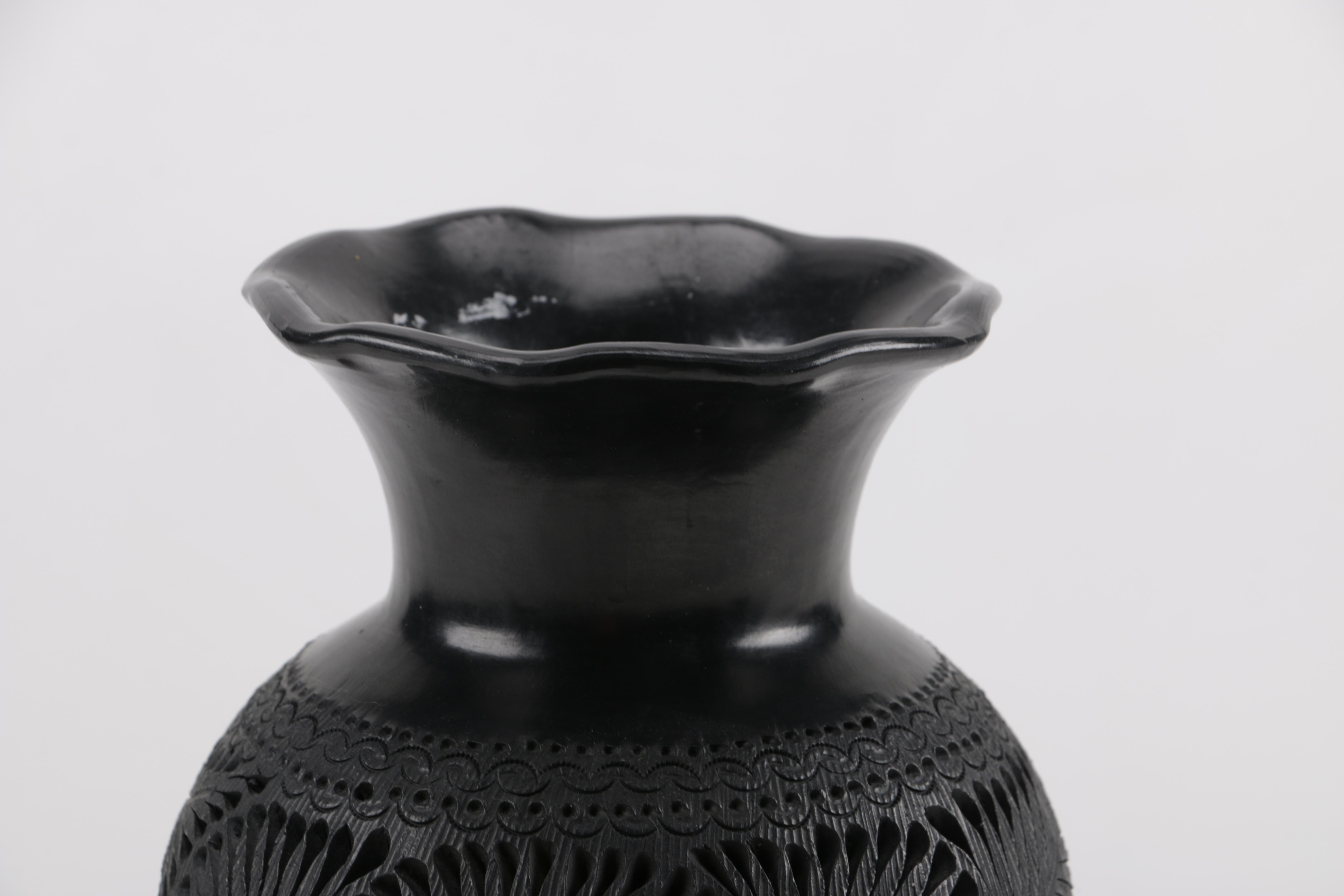 Pair of Black Oaxacan Mexican Carved Clay Vases