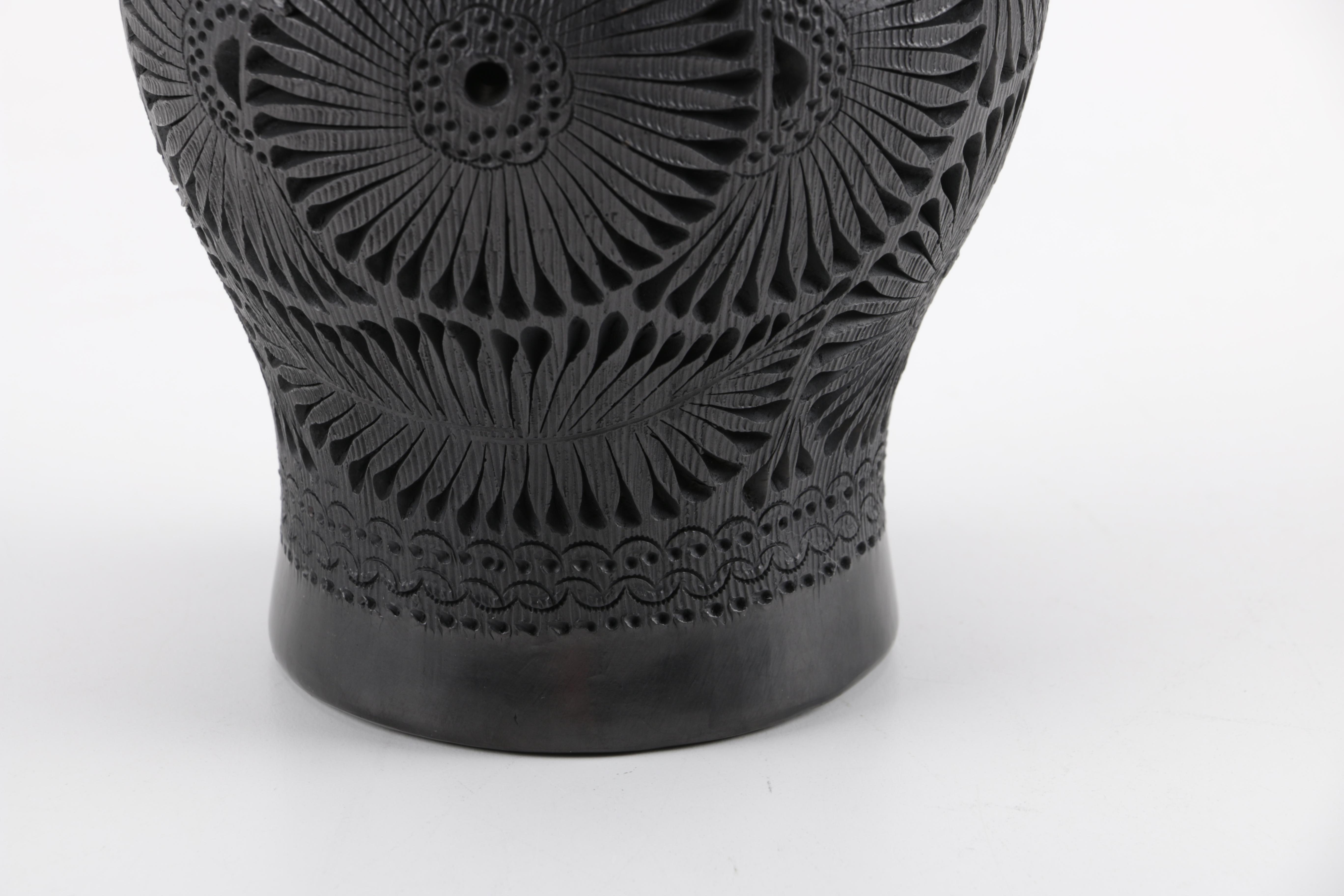 Pair of Black Oaxacan Mexican Carved Clay Vases