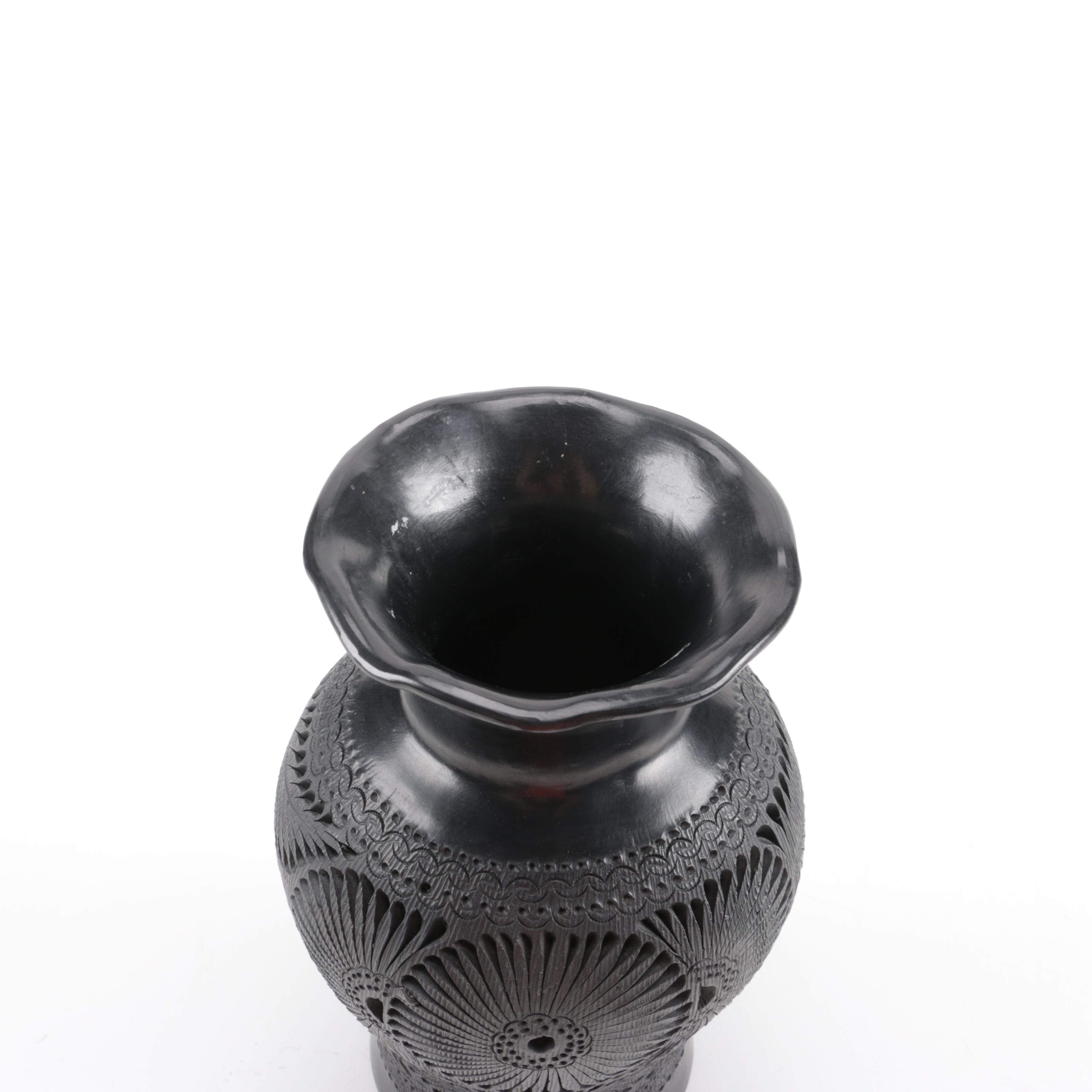 Pair of Black Oaxacan Mexican Carved Clay Vases