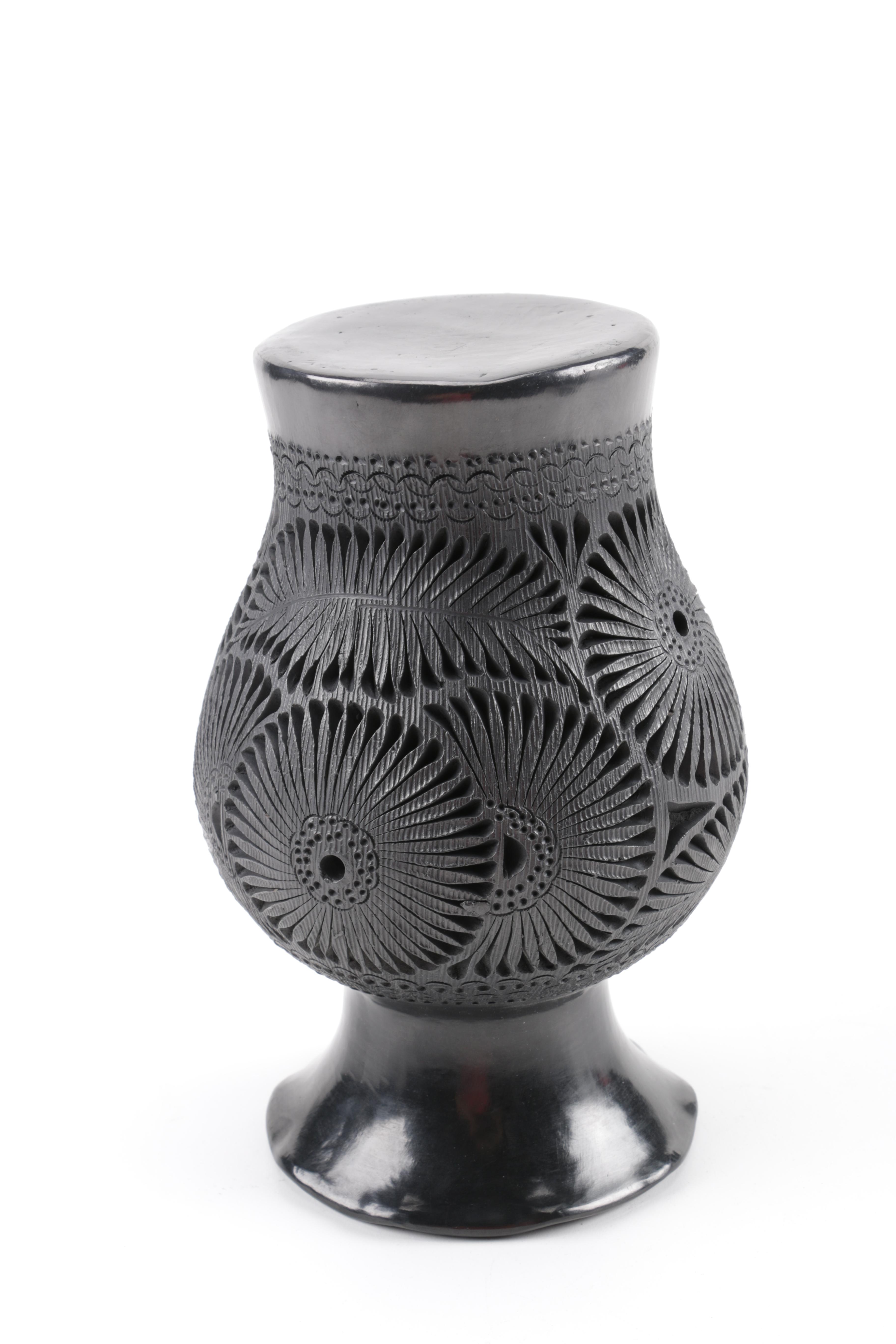 Pair of Black Oaxacan Mexican Carved Clay Vases