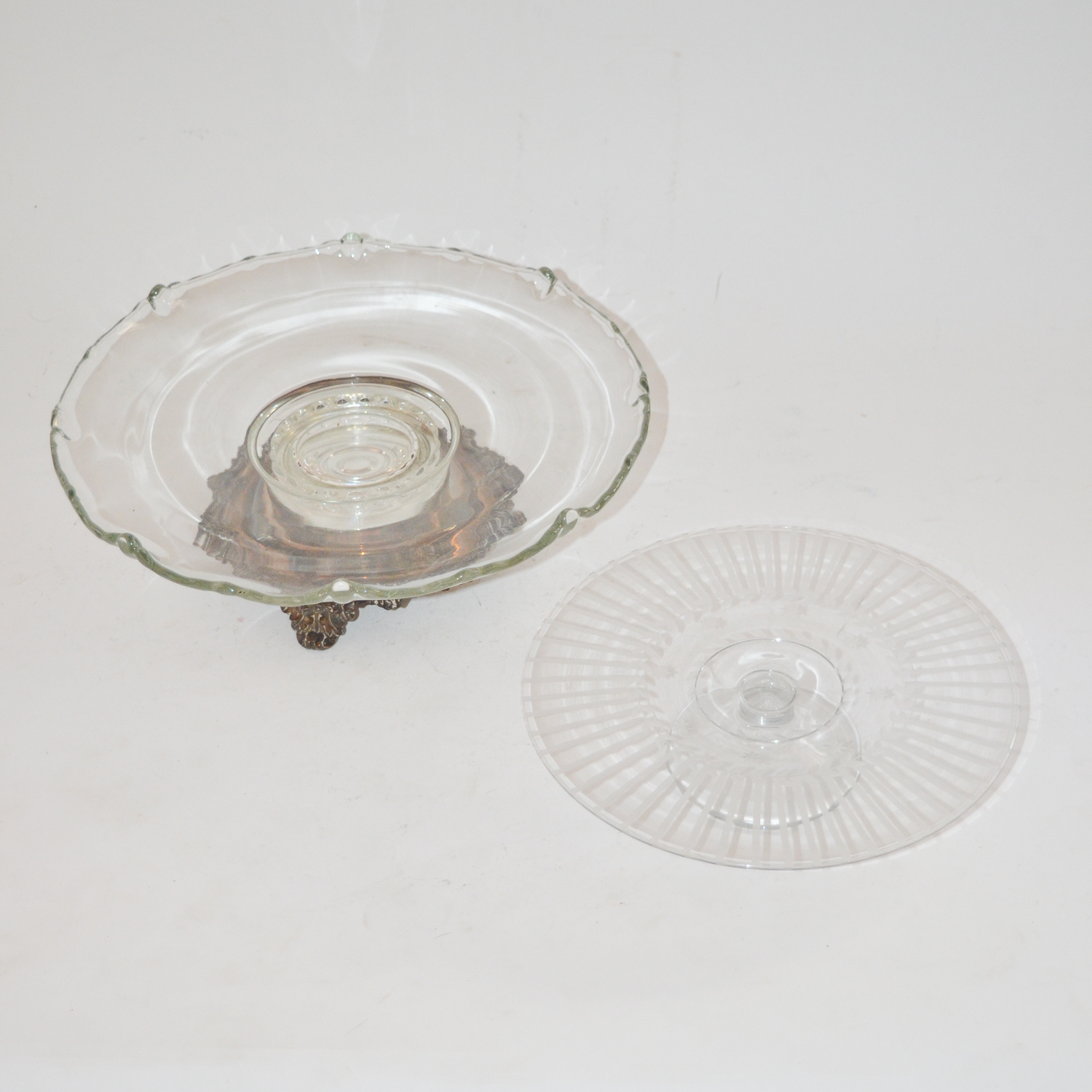 Silver Plate and Glass Cake Stand with an Etched Glass Taza
