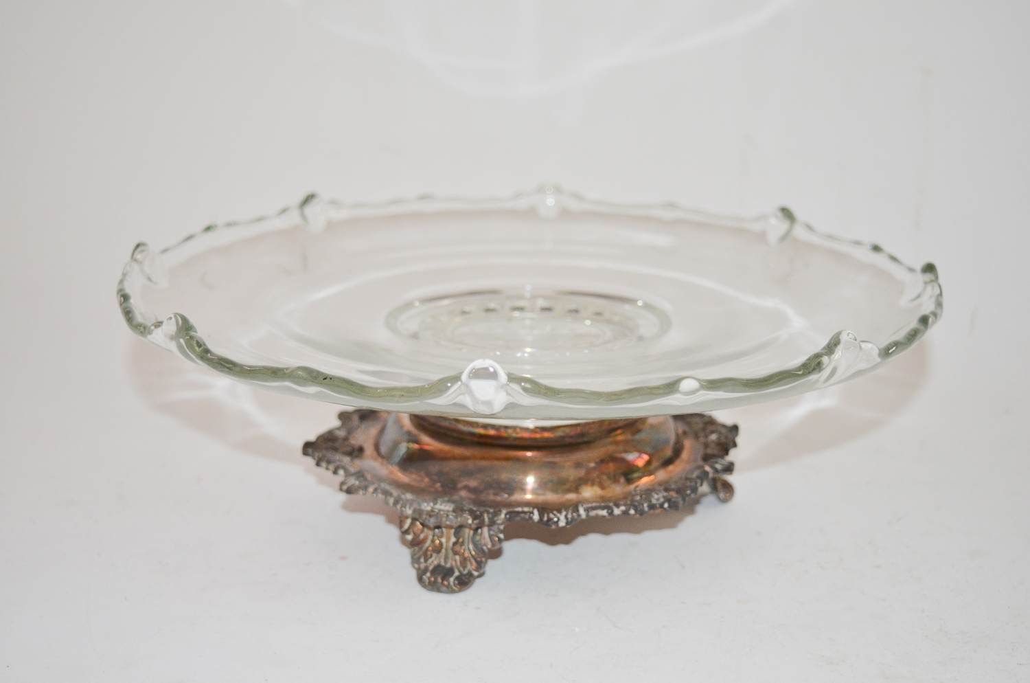 Silver Plate and Glass Cake Stand with an Etched Glass Taza