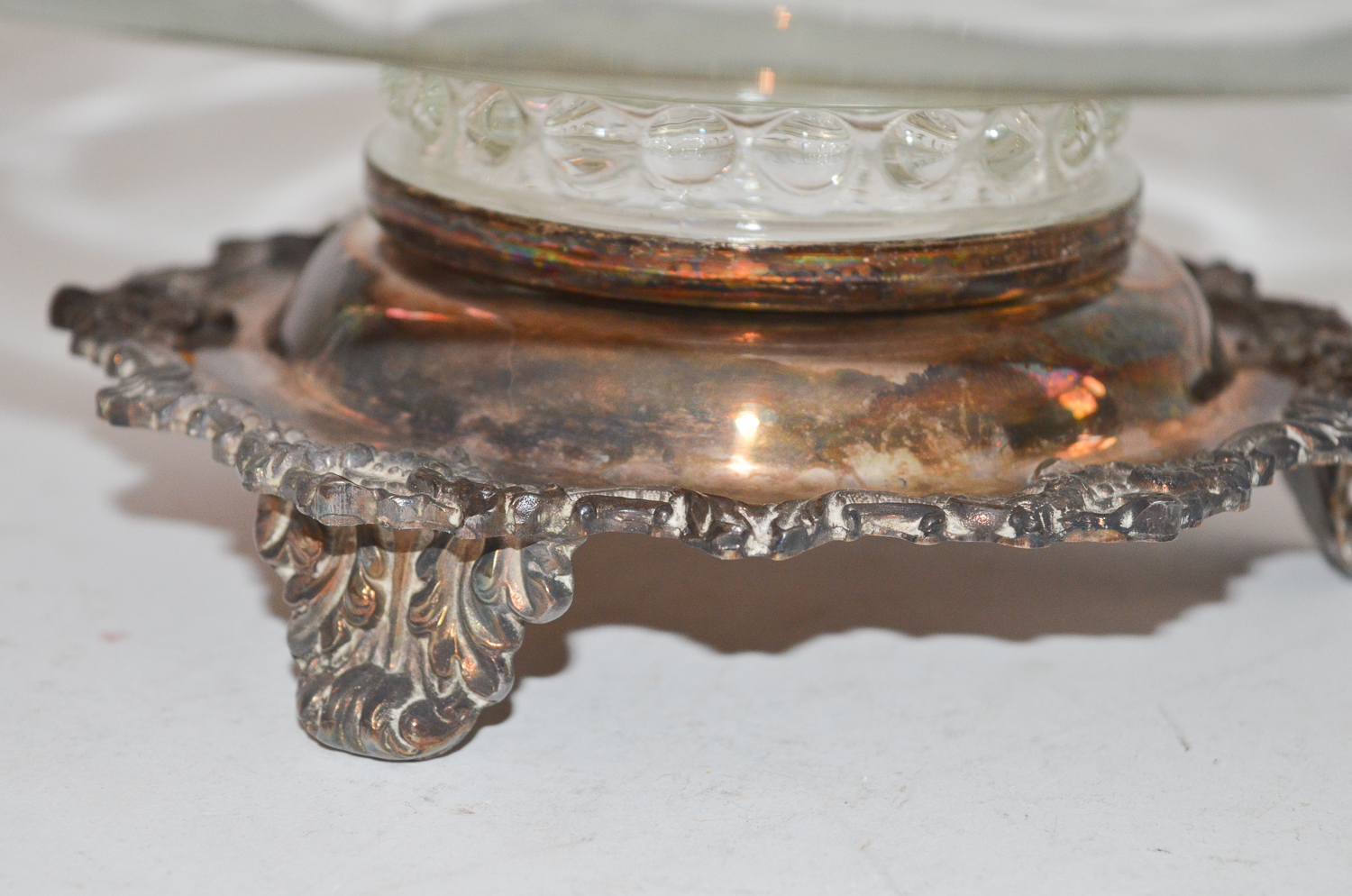 Silver Plate and Glass Cake Stand with an Etched Glass Taza