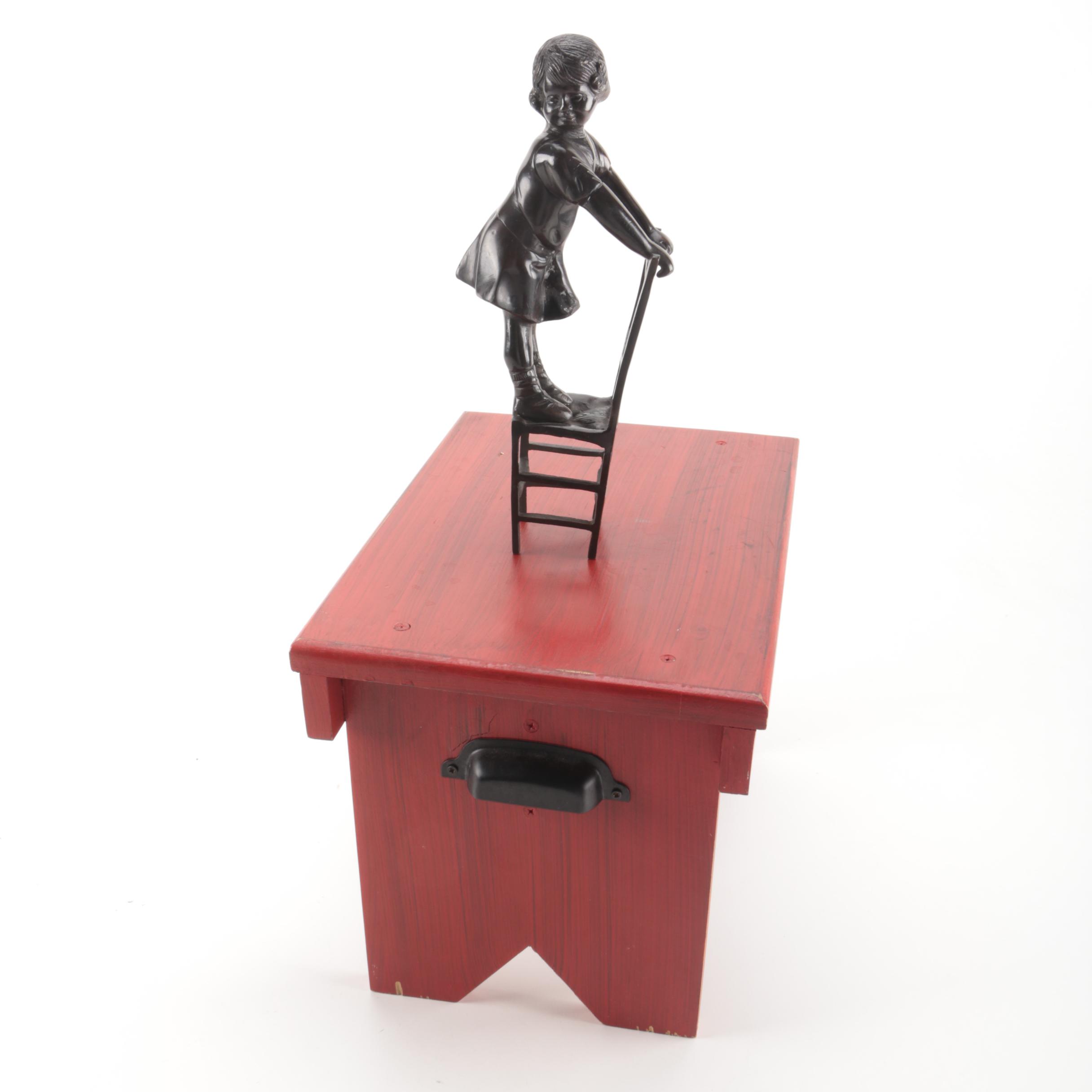 Ceramic Figurine and Wooden Stool