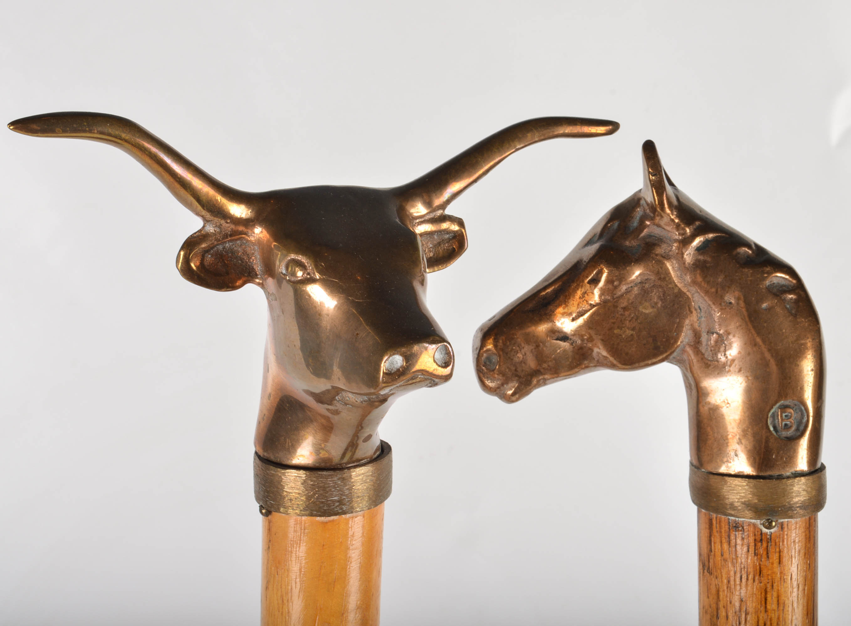 Vintage Figural Animal Head Brass and Wood Hearth Tools