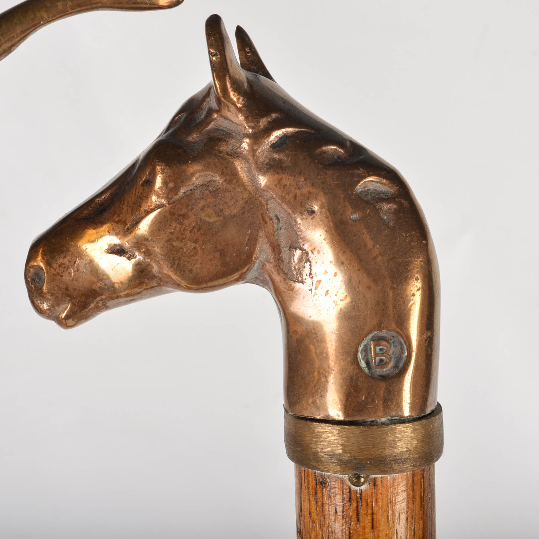 Vintage Figural Animal Head Brass and Wood Hearth Tools