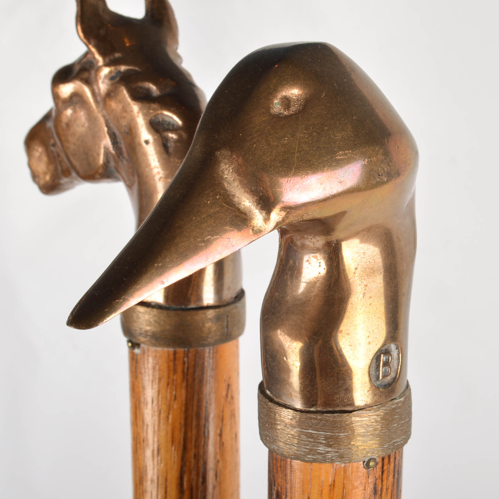 Vintage Figural Animal Head Brass and Wood Hearth Tools