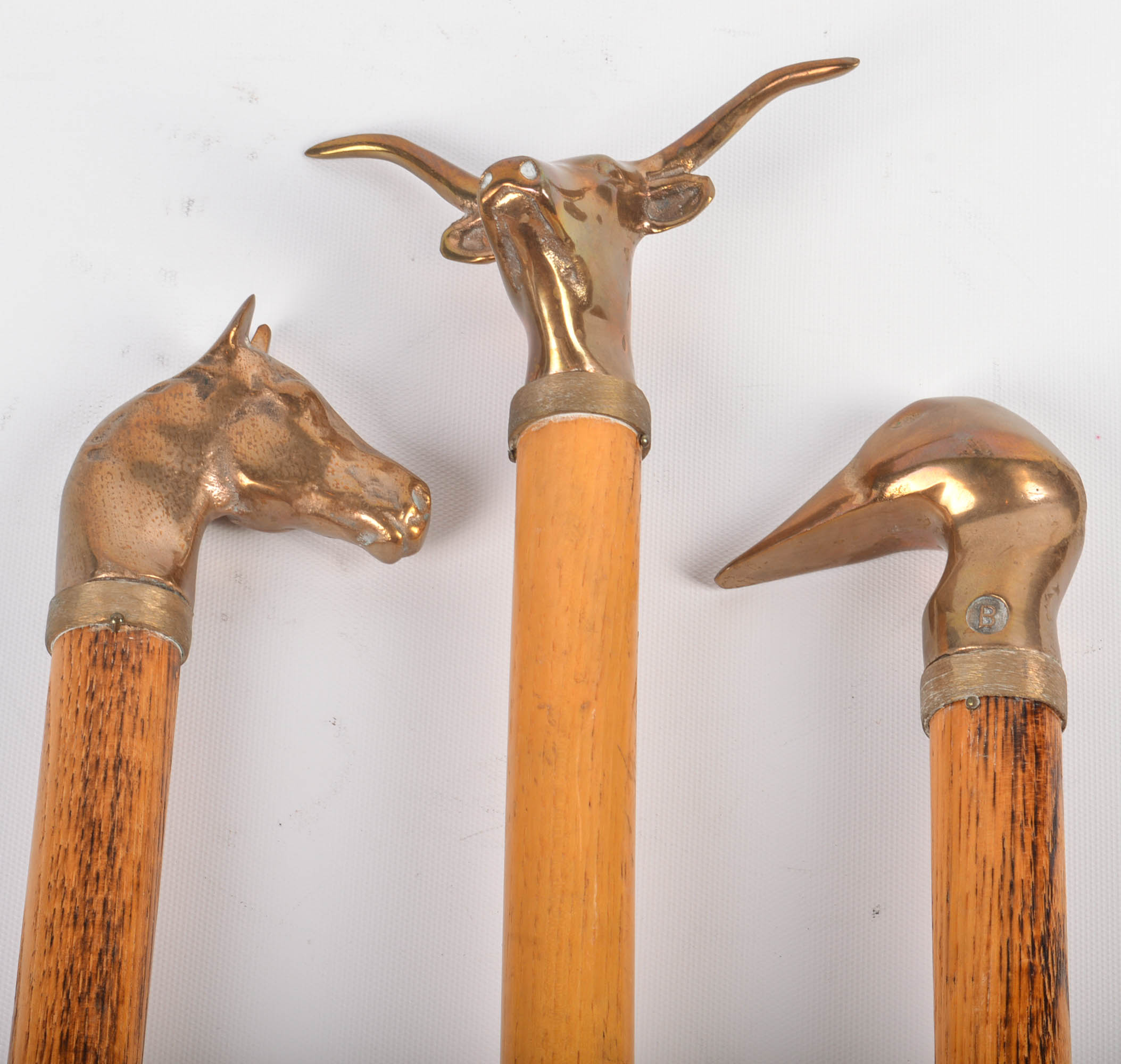 Vintage Figural Animal Head Brass and Wood Hearth Tools
