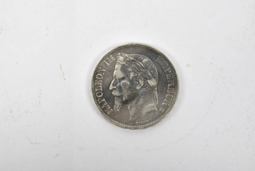 1867 France Silver 5 Franc Laureate Head Coin