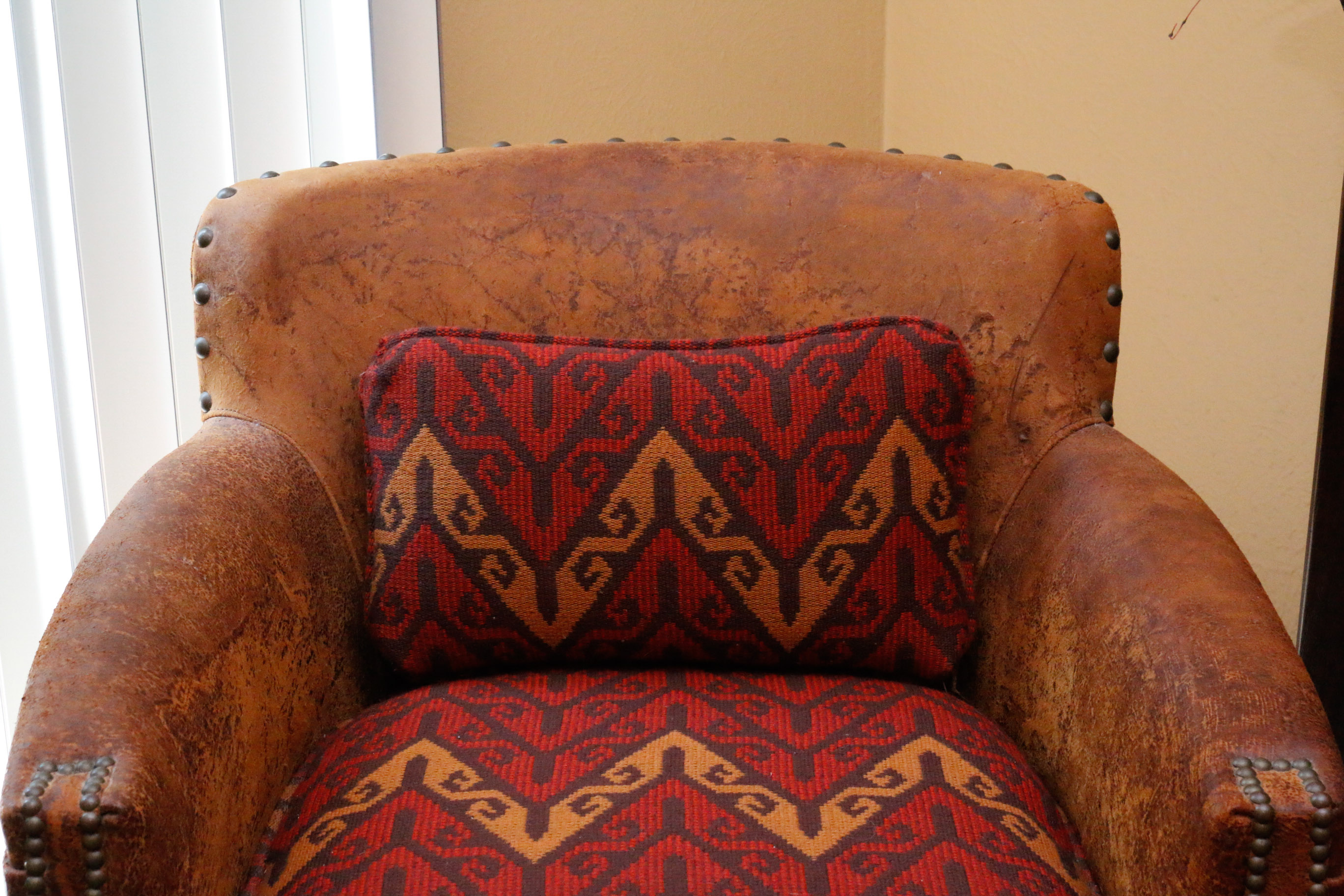 "Millman Bark" Distressed Leather Chair with Southwest Tapestry Upholstery