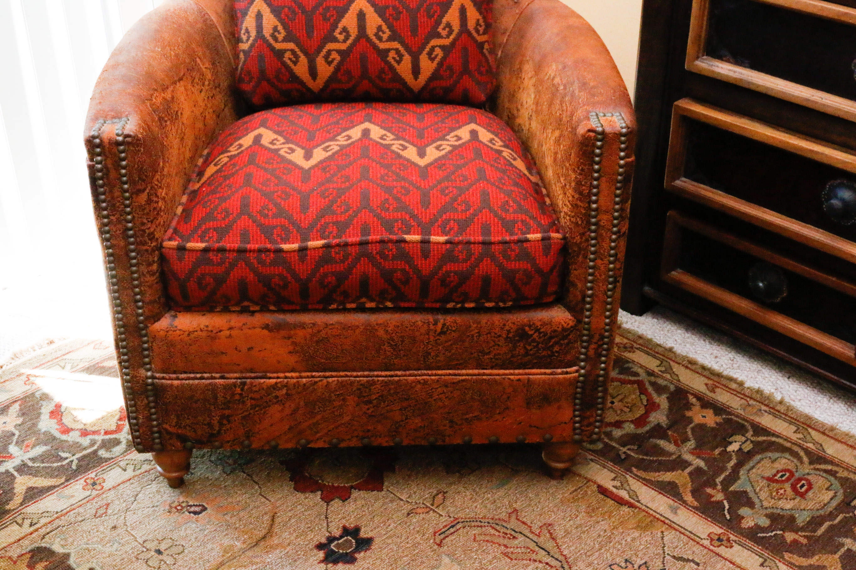 "Millman Bark" Distressed Leather Chair with Southwest Tapestry Upholstery