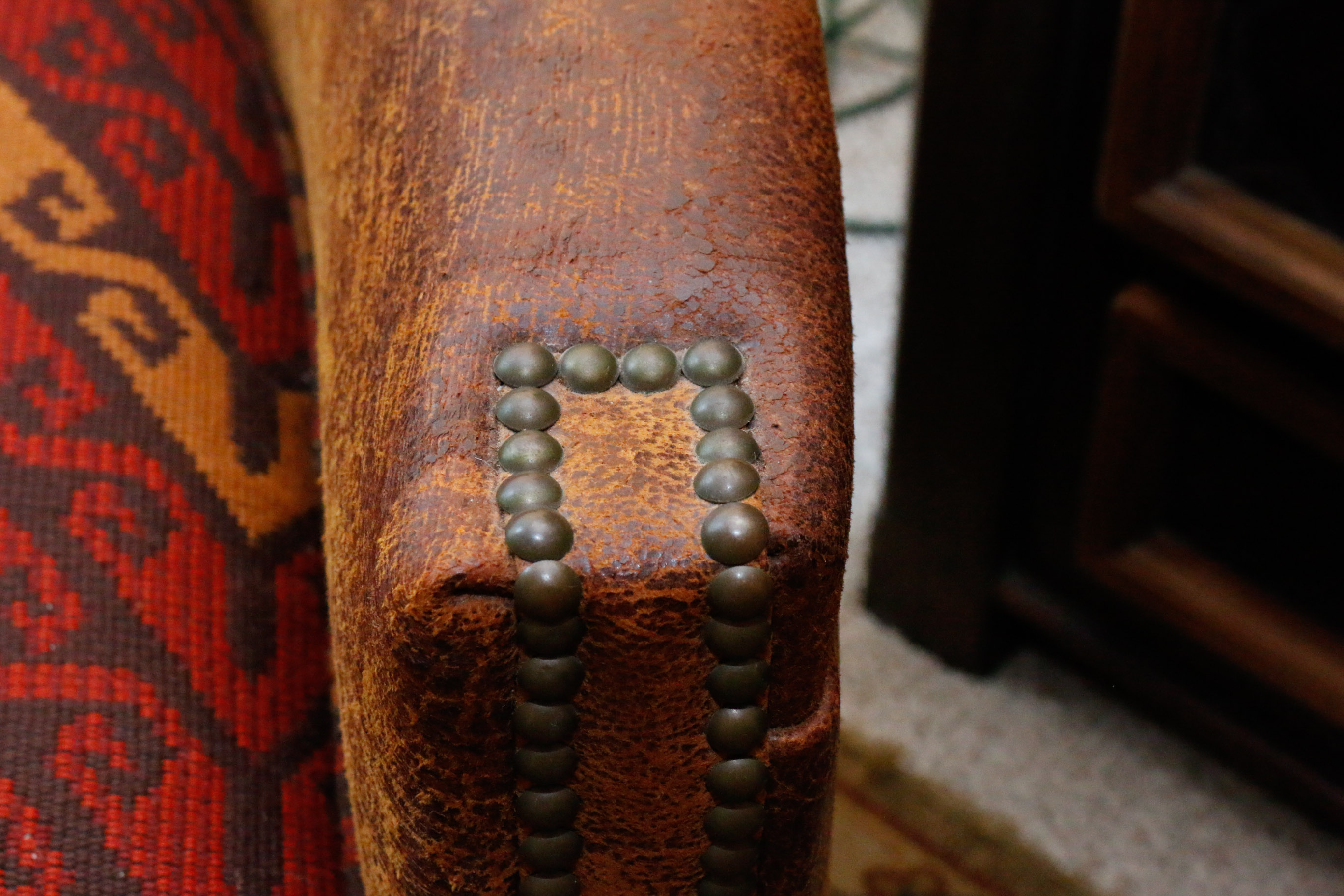 "Millman Bark" Distressed Leather Chair with Southwest Tapestry Upholstery